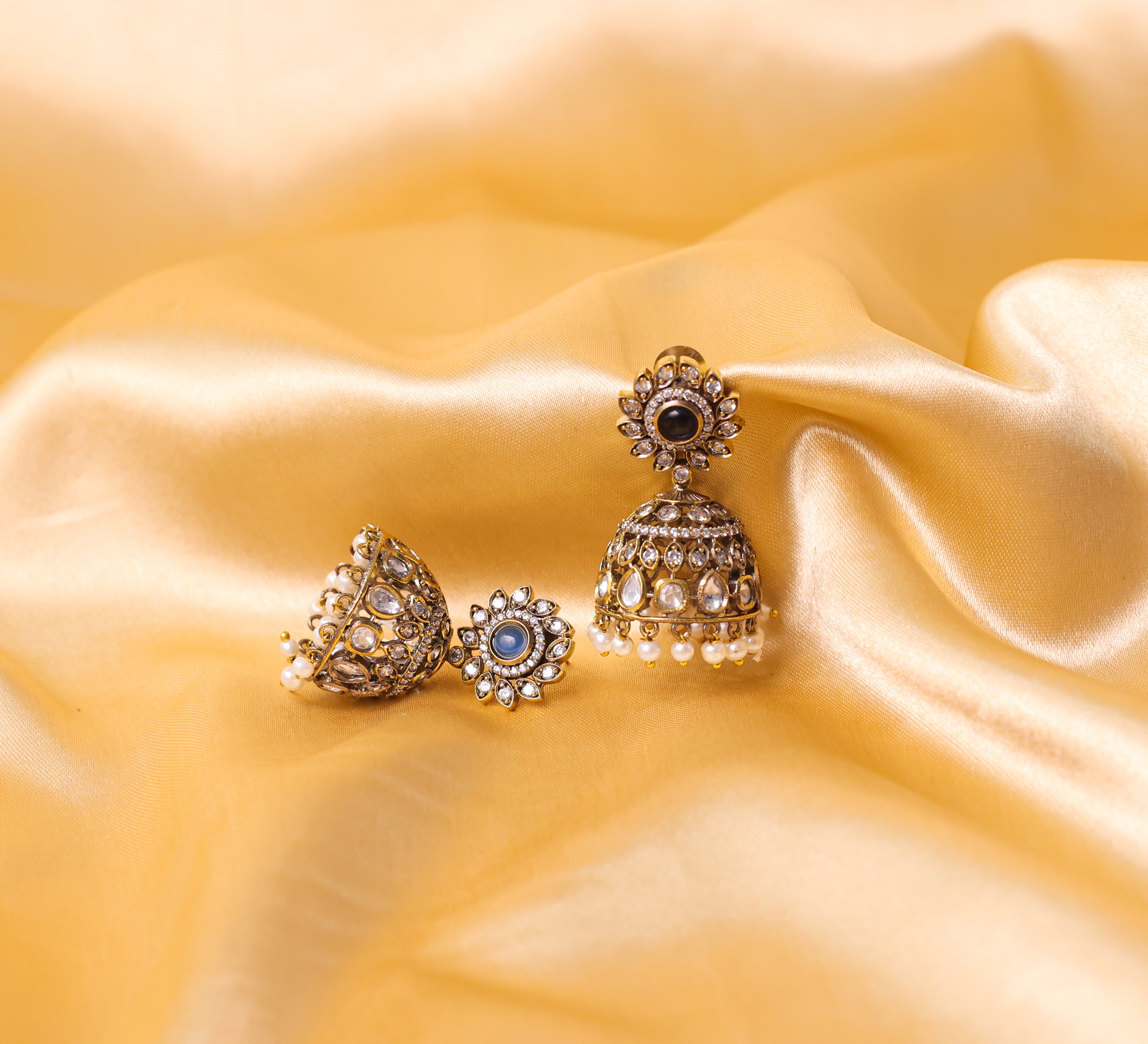 Silver Foil Victorian Jhumki Earrings with Kundan Polki and Hydro Stones - Adisha Jewels