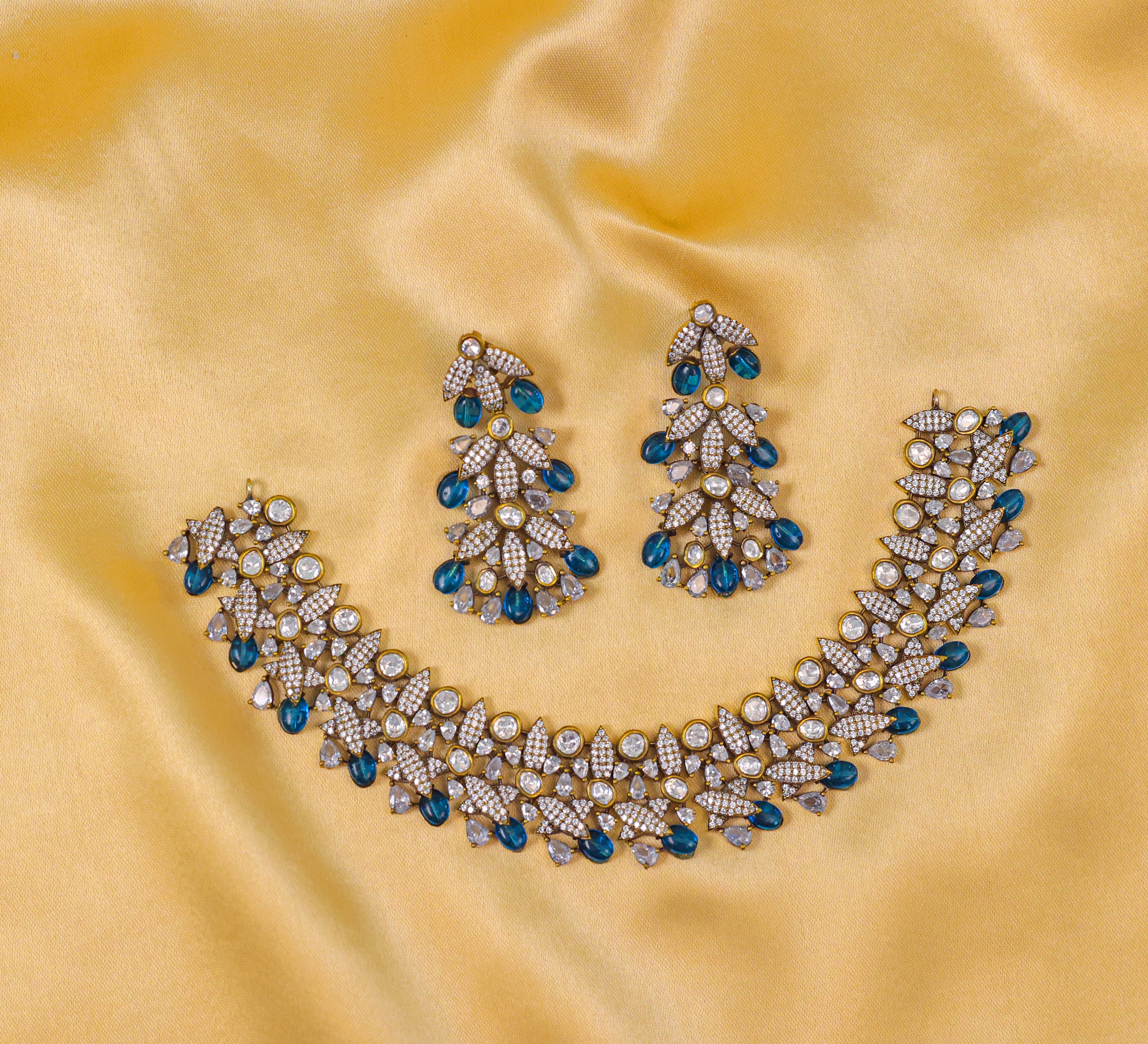 Kundan Polki Necklace Set with Victorian Polish - Adisha Jewels