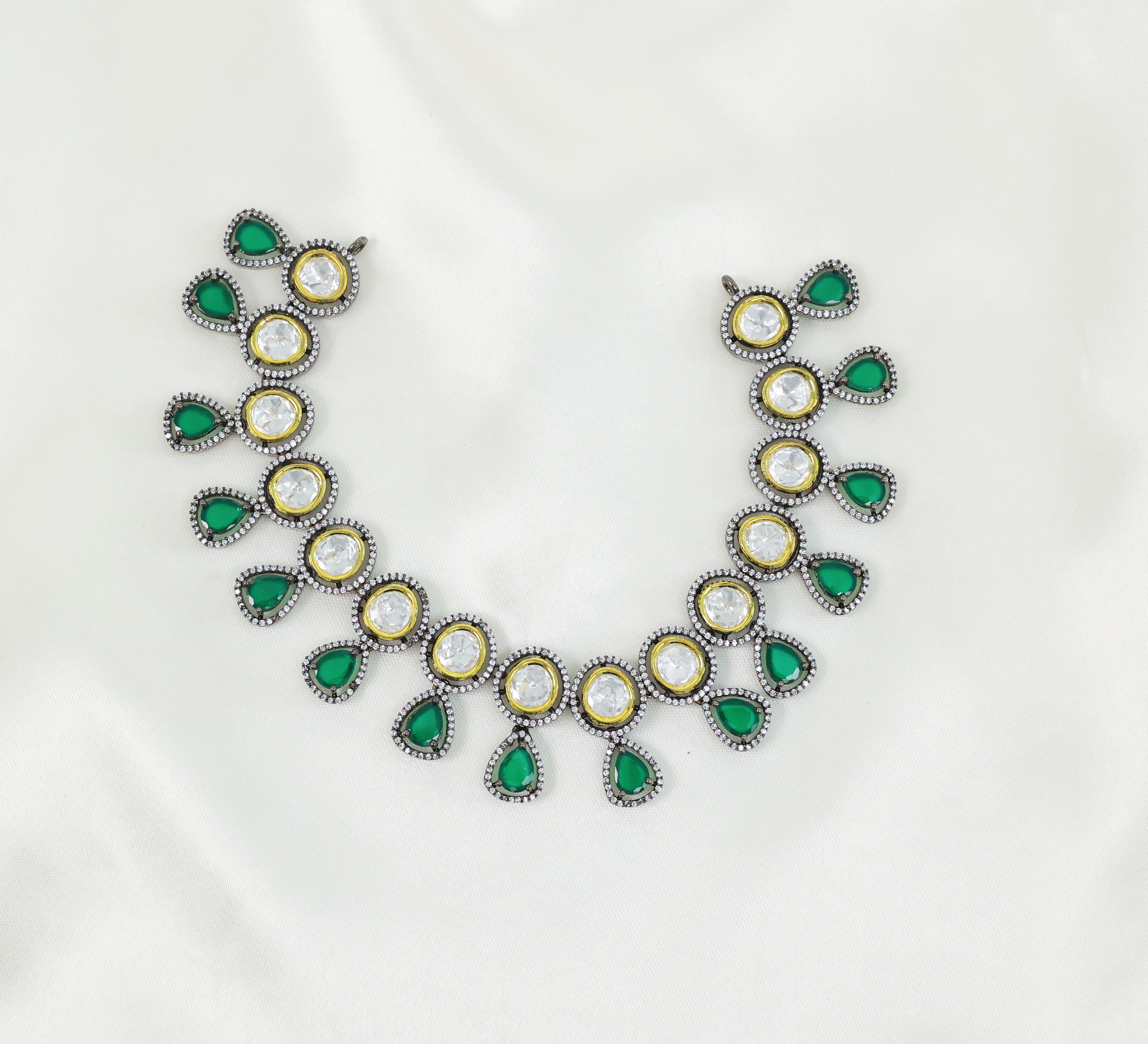 Victorian-Inspired Necklace Set with Hydro Stones & Kundan Polki - Adisha Jewels