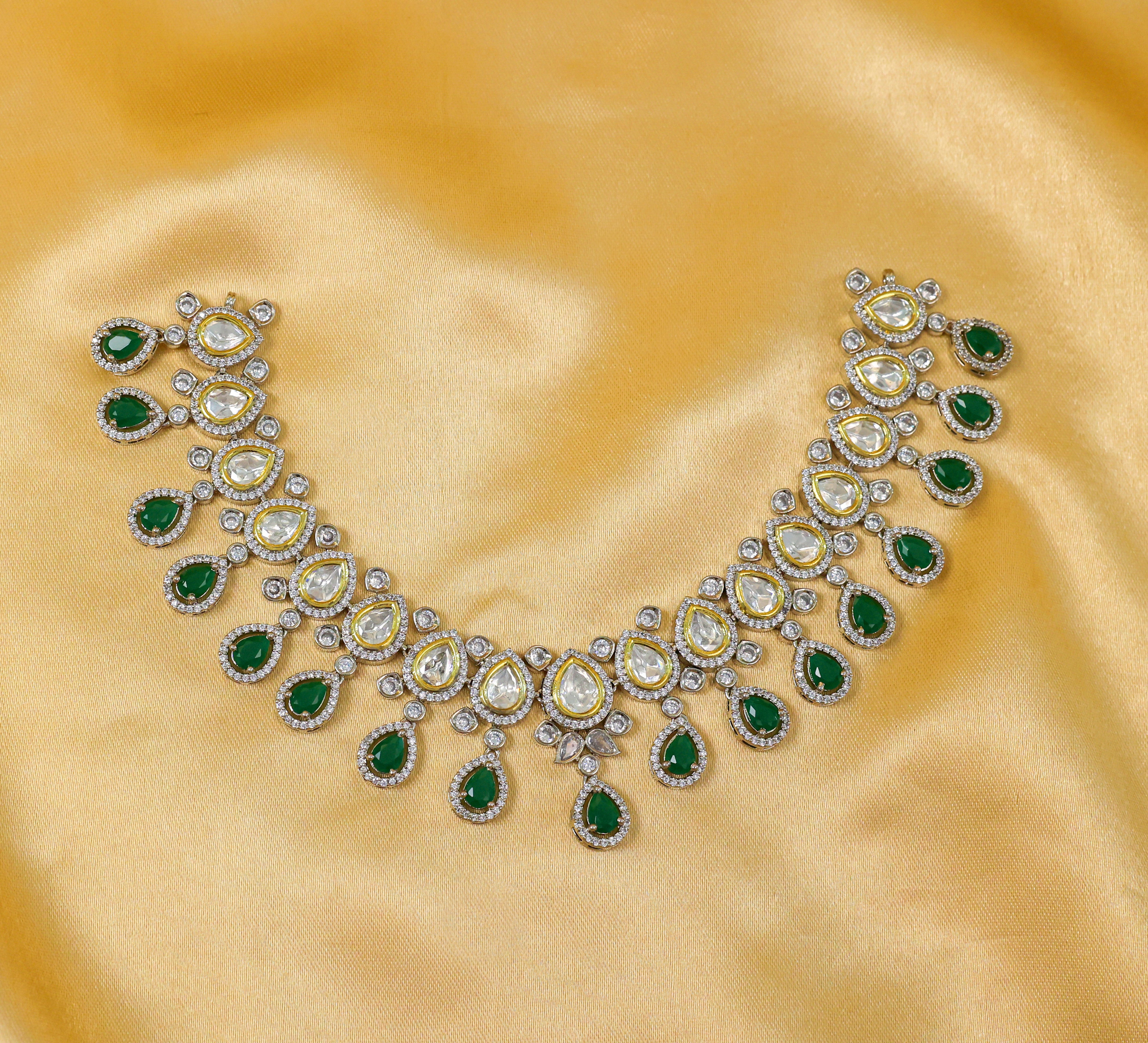 Victorian-Inspired Kundan Polki Necklace Set in Antique Silver Plating - Adisha Jewels