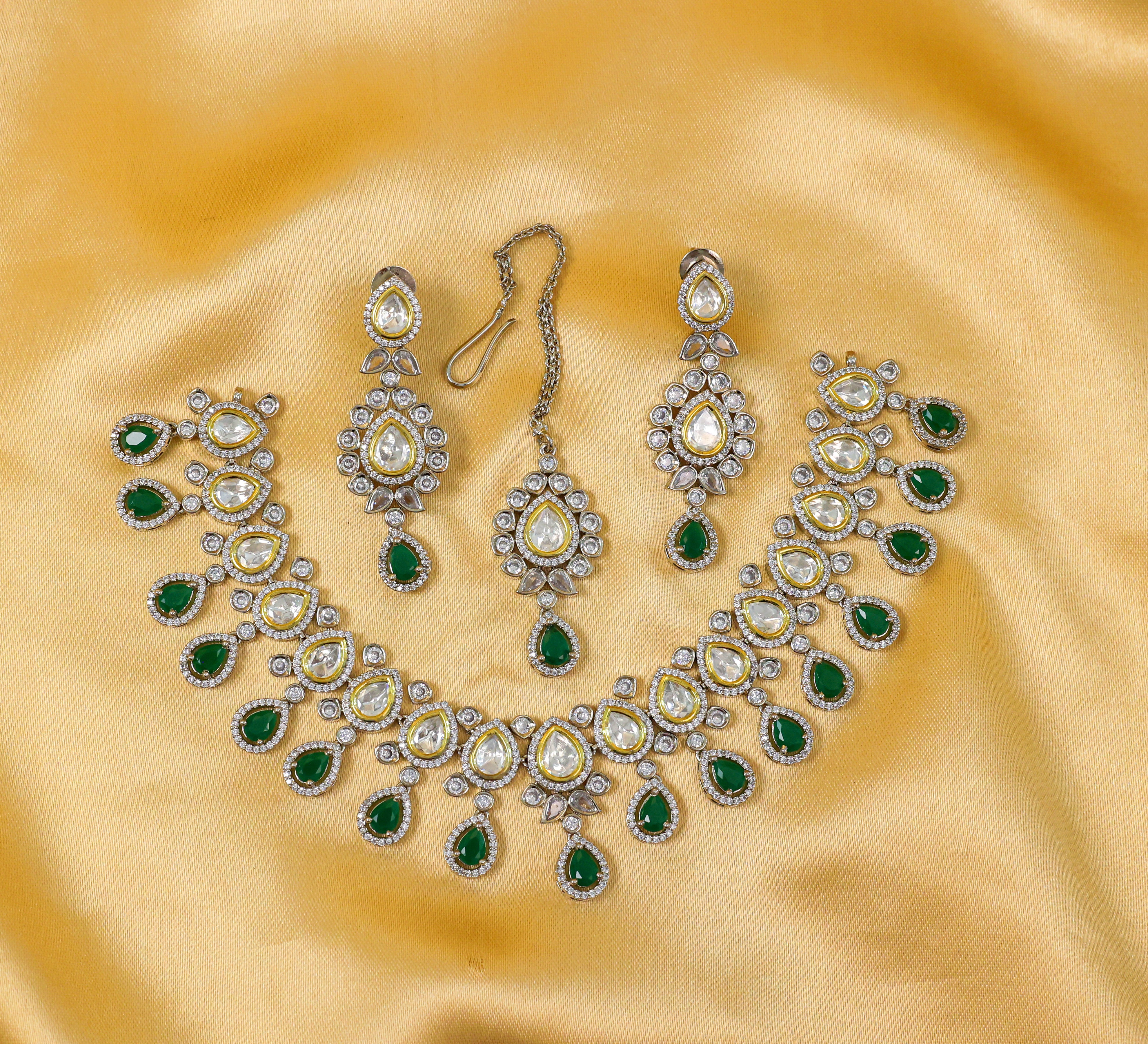 Victorian-Inspired Kundan Polki Necklace Set in Antique Silver Plating - Adisha Jewels