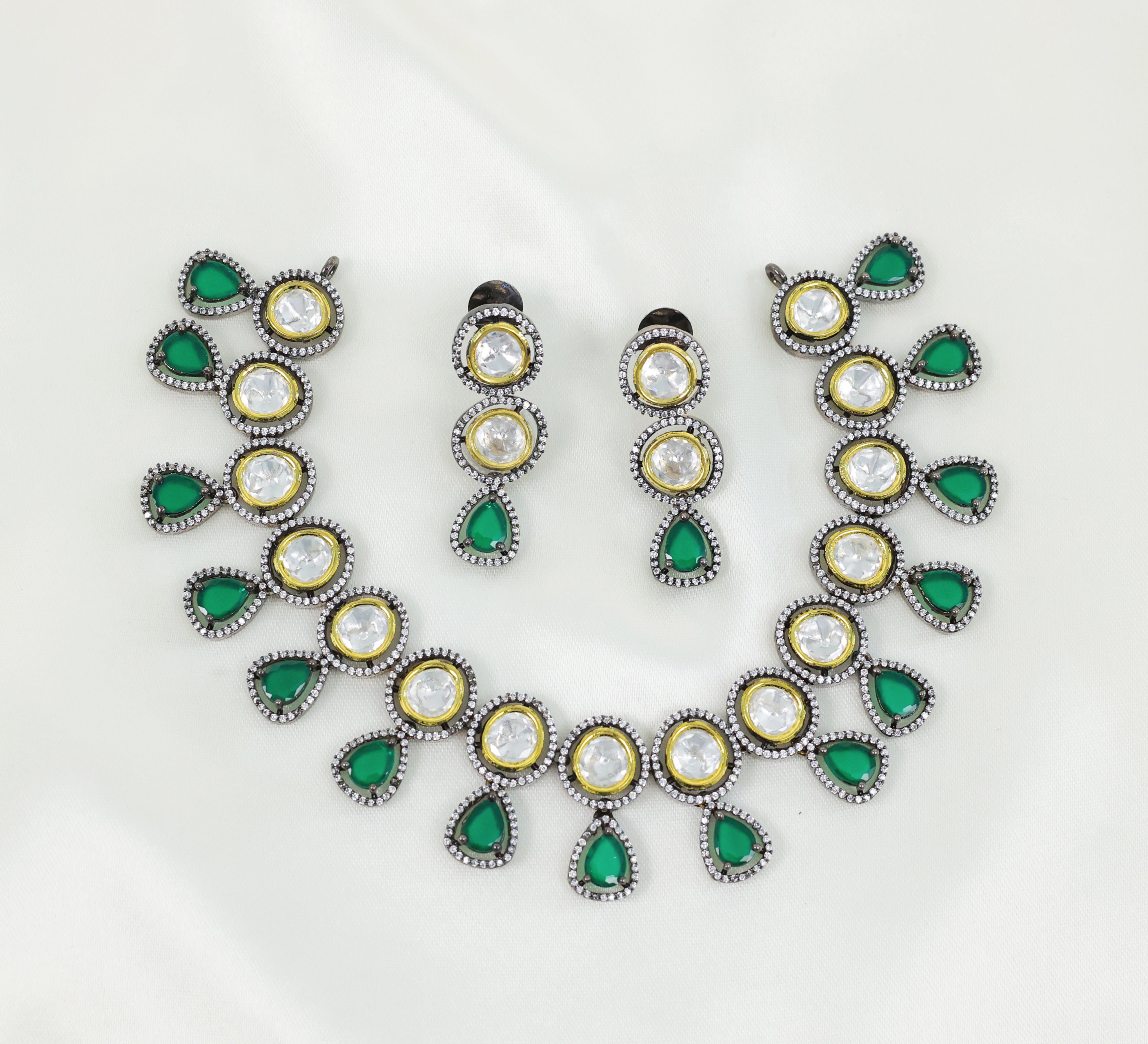 Victorian-Inspired Necklace Set with Hydro Stones & Kundan Polki - Adisha Jewels