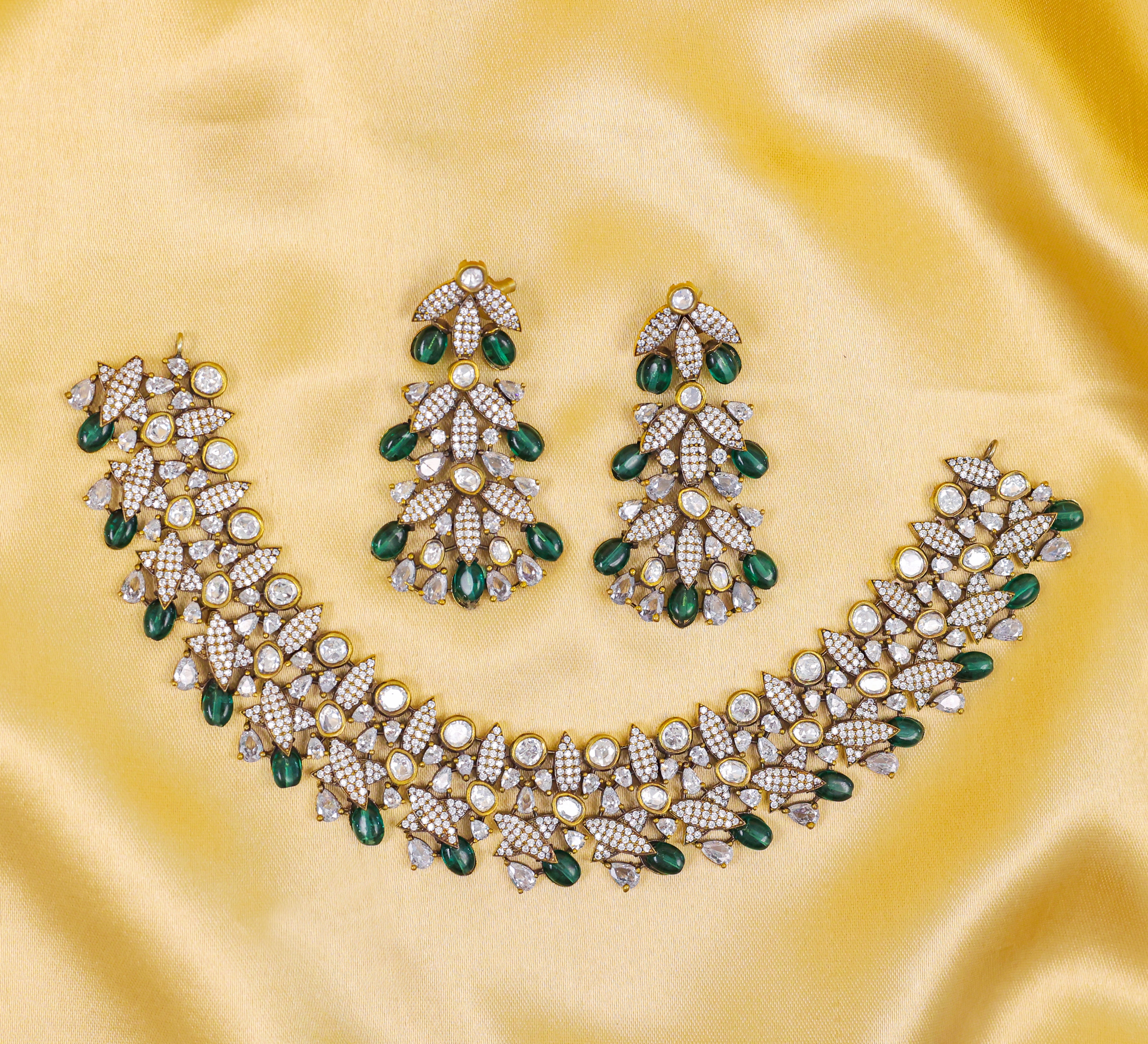 Kundan Polki Necklace Set with Victorian Polish - Adisha Jewels