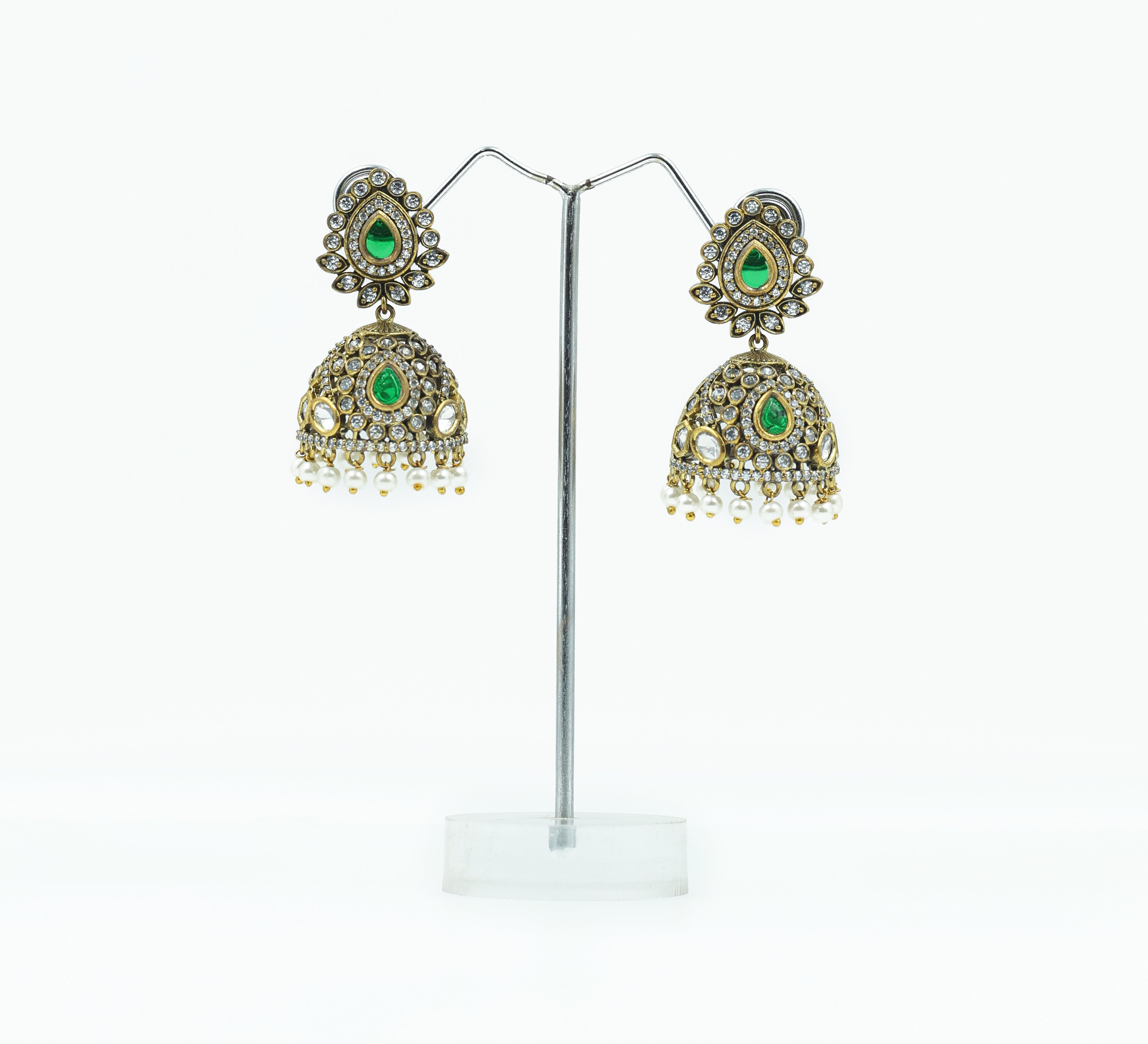 Silver Foil Victorian Jhumki Earrings with Kundan Polki and Hydro Stones - Adisha Jewels