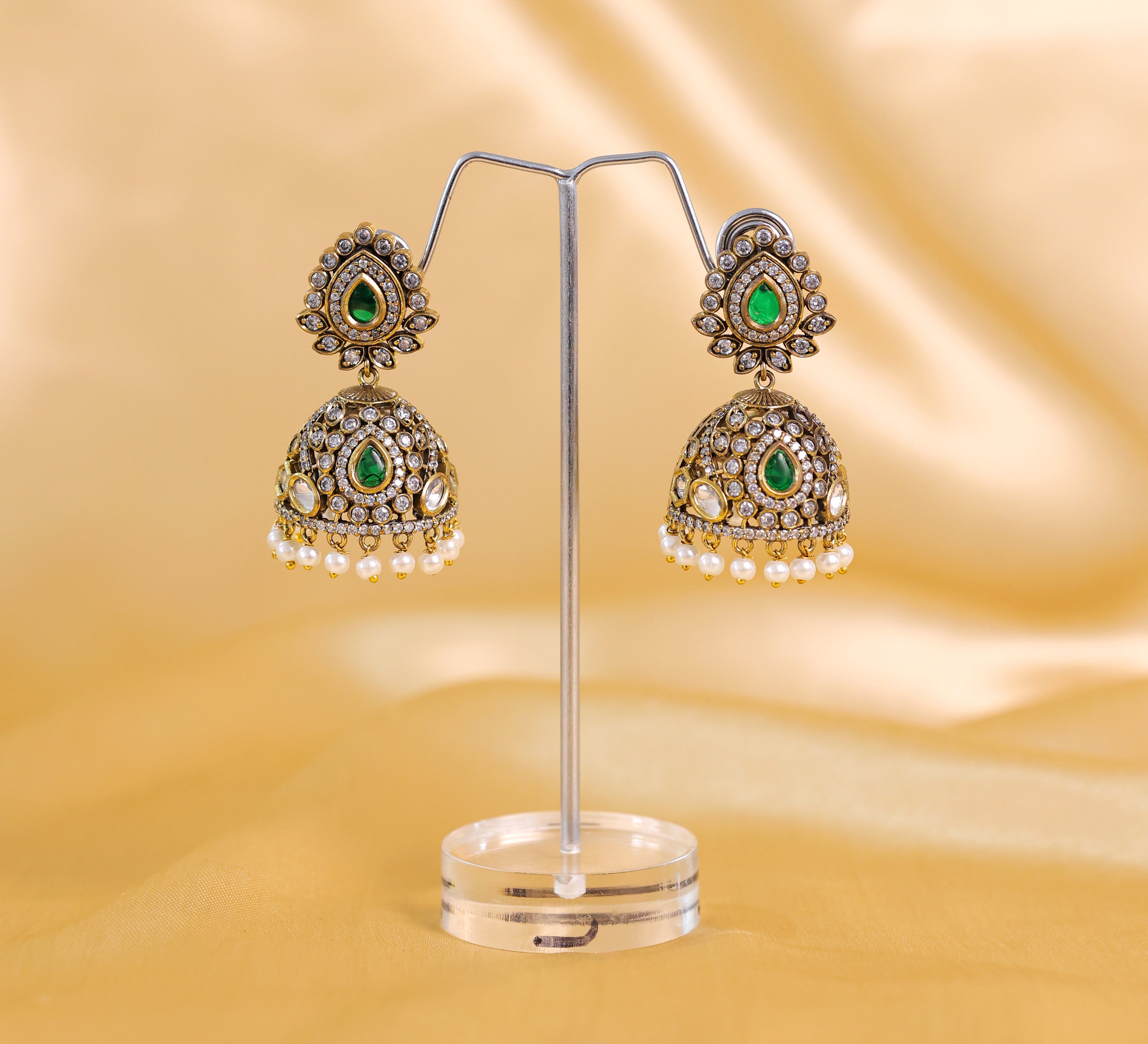 Silver Foil Victorian Jhumki Earrings with Kundan Polki and Hydro Stones - Adisha Jewels