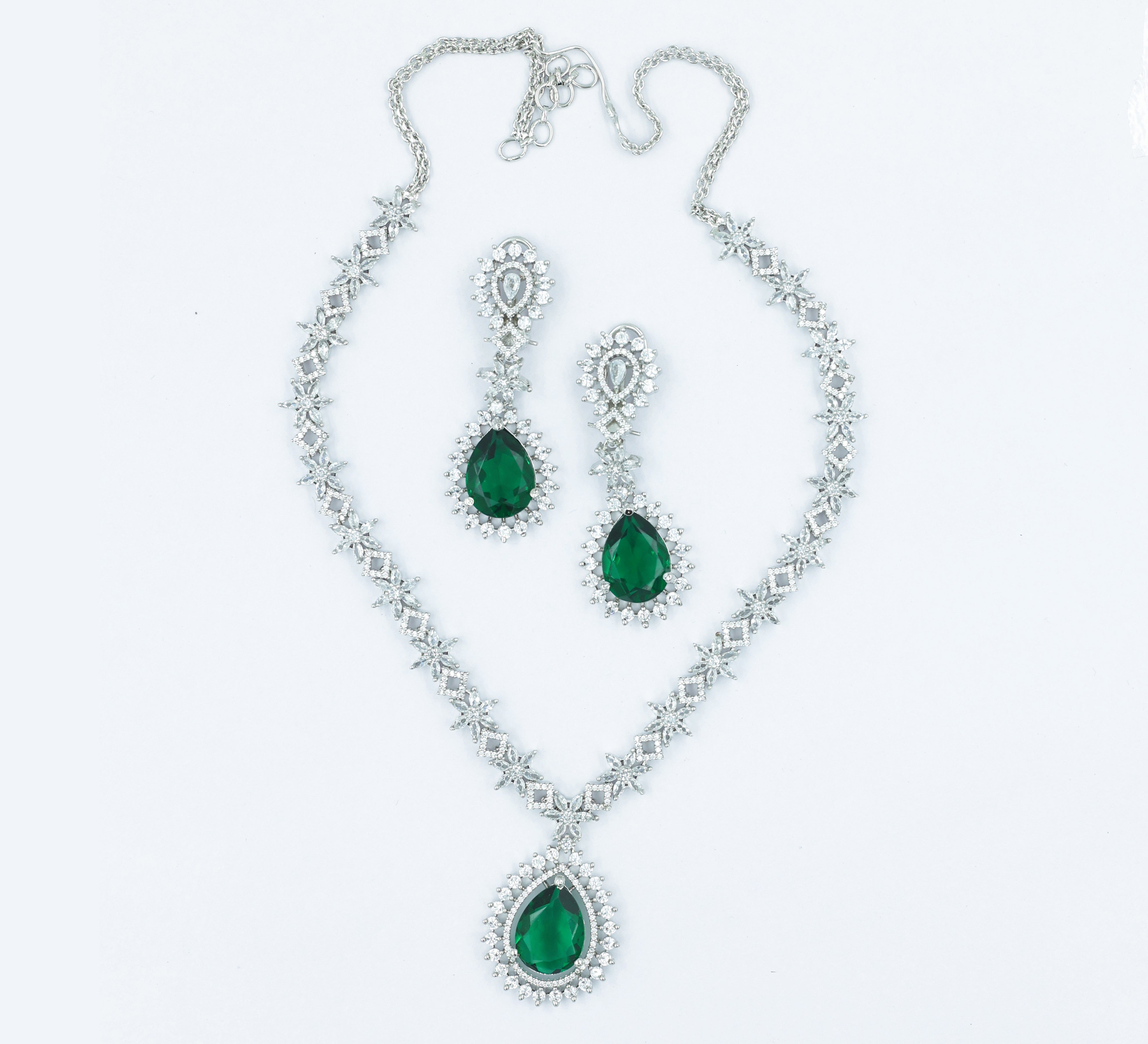 White Rhodium Necklace Set with Cubic Zirconia and Hydro Stones - Adisha Jewels