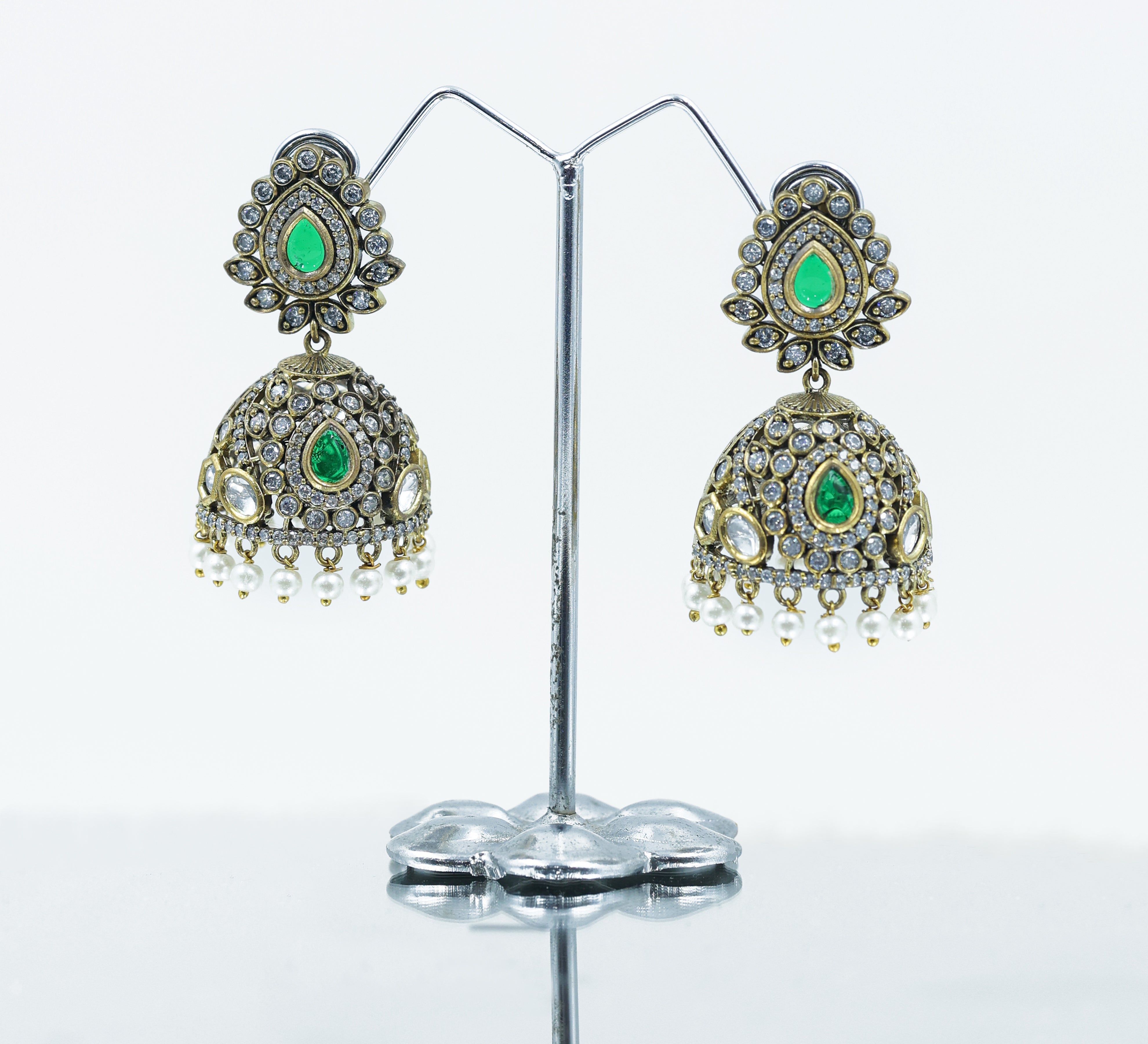 Silver Foil Victorian Jhumki Earrings with Kundan Polki and Hydro Stones - Adisha Jewels