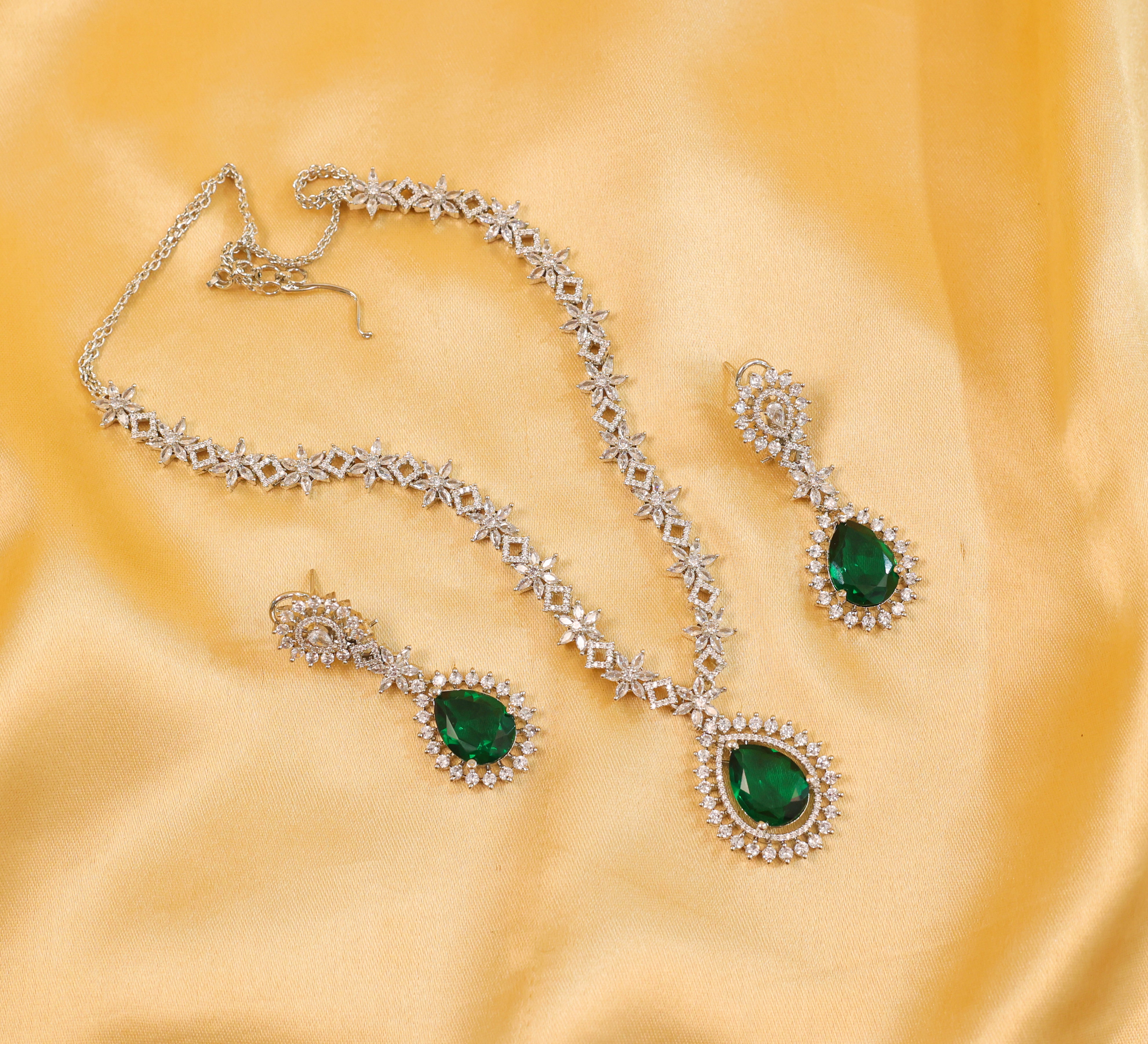 White Rhodium Necklace Set with Cubic Zirconia and Hydro Stones - Adisha Jewels