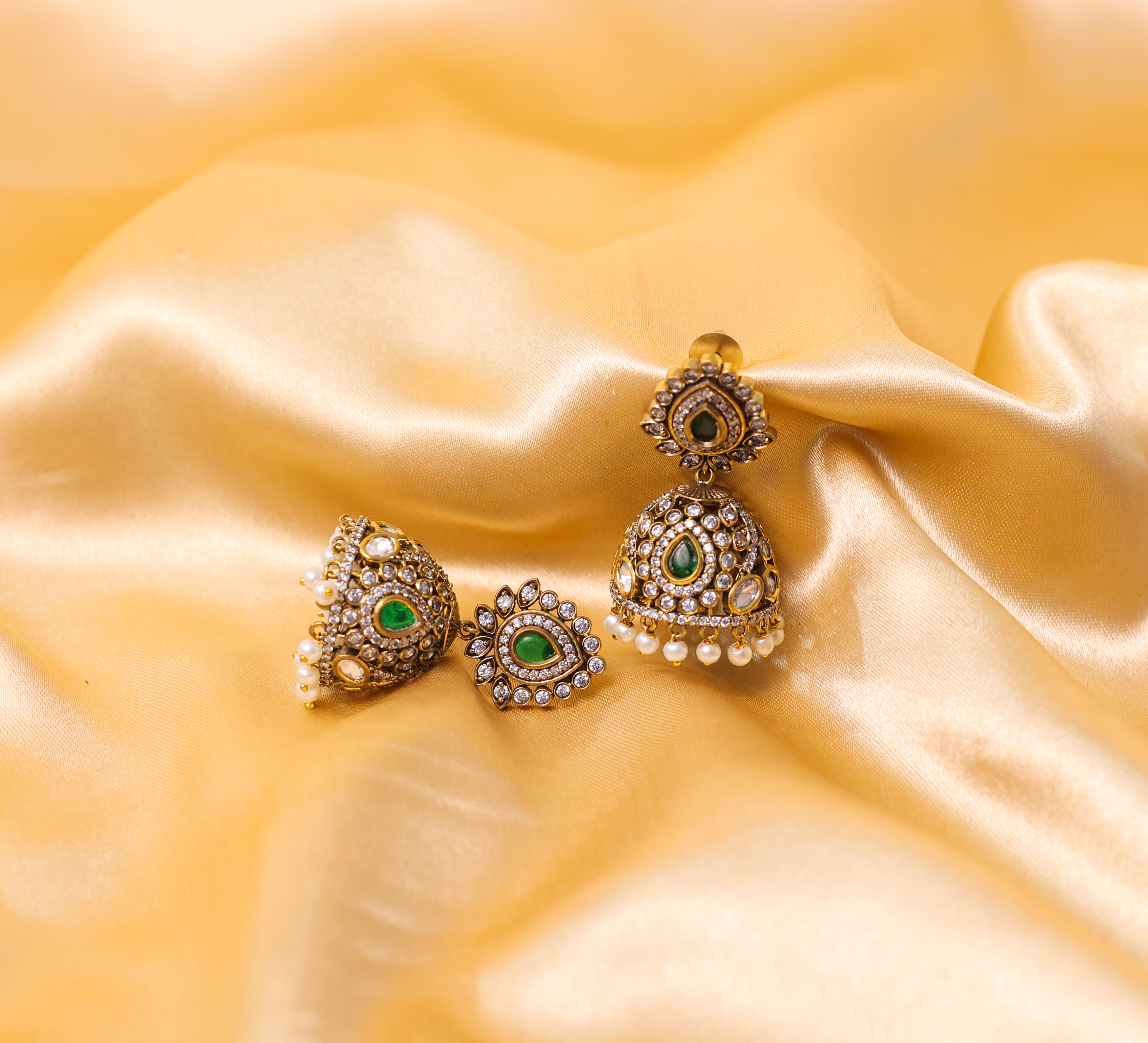 Silver Foil Victorian Jhumki Earrings with Kundan Polki and Hydro Stones - Adisha Jewels