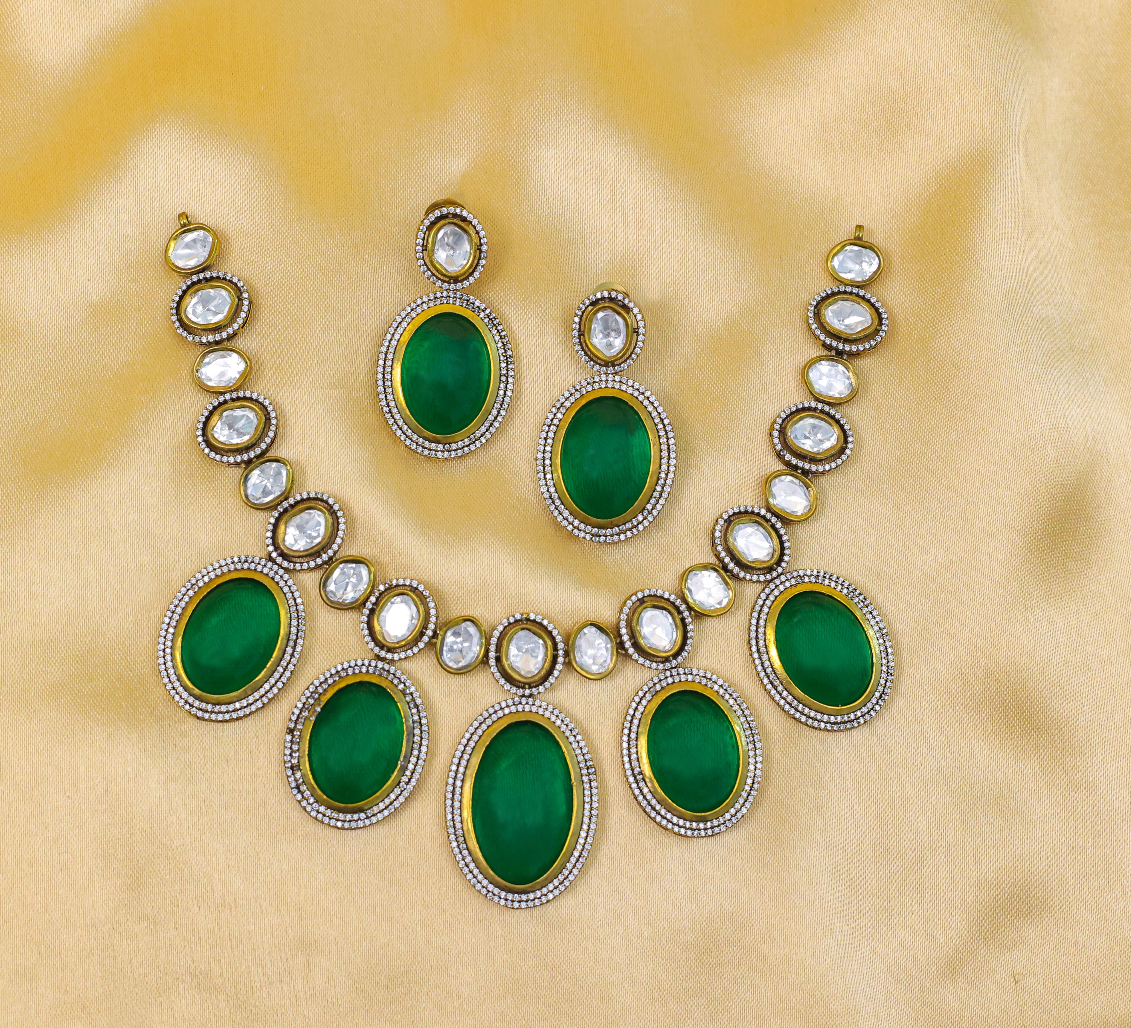 Victorian-Inspired Necklace Set with Hydro Stones & Kundan Polki - Adisha Jewels