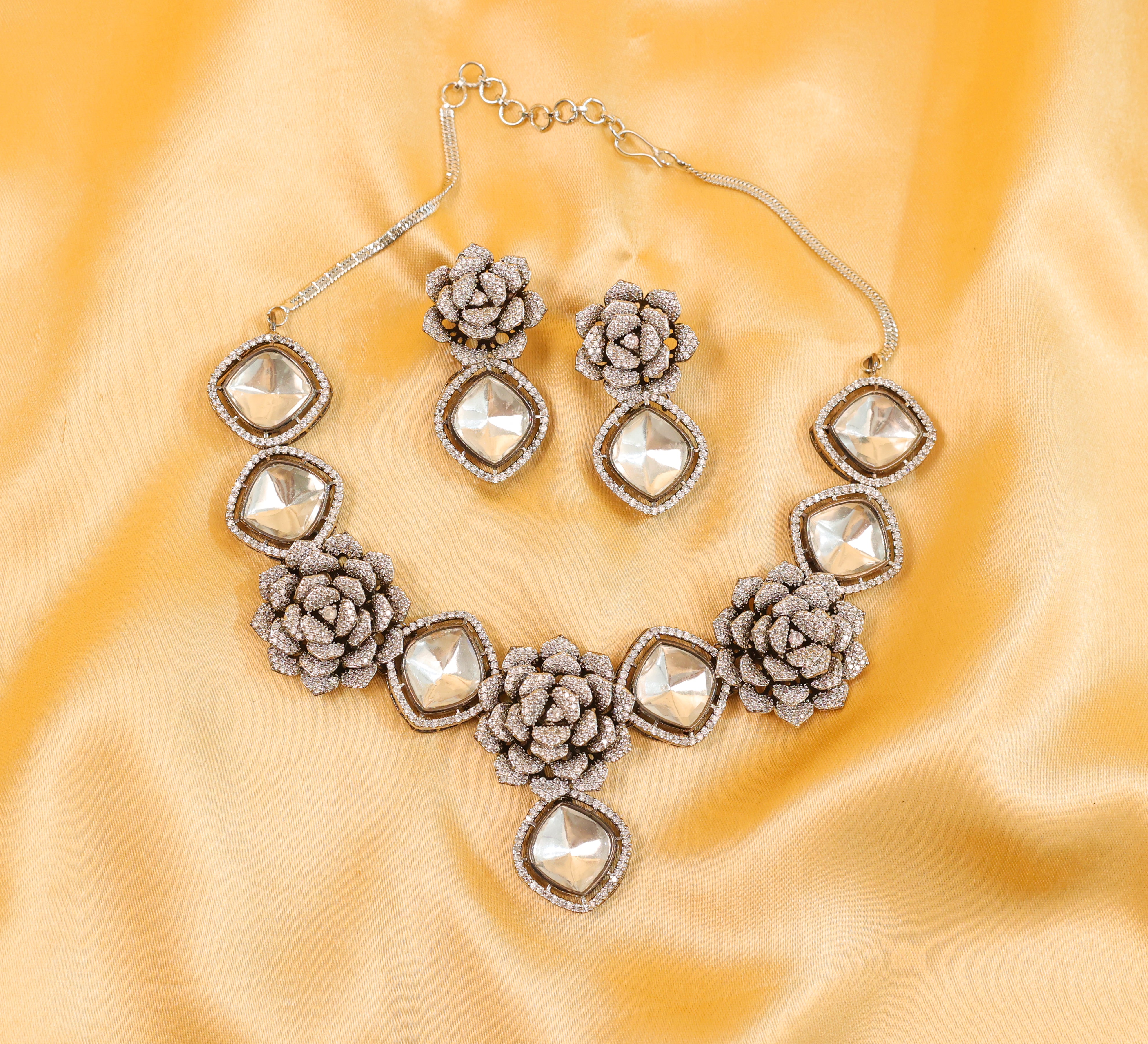 Kundan Polki Necklace Set in White Plating - Adisha Jewels