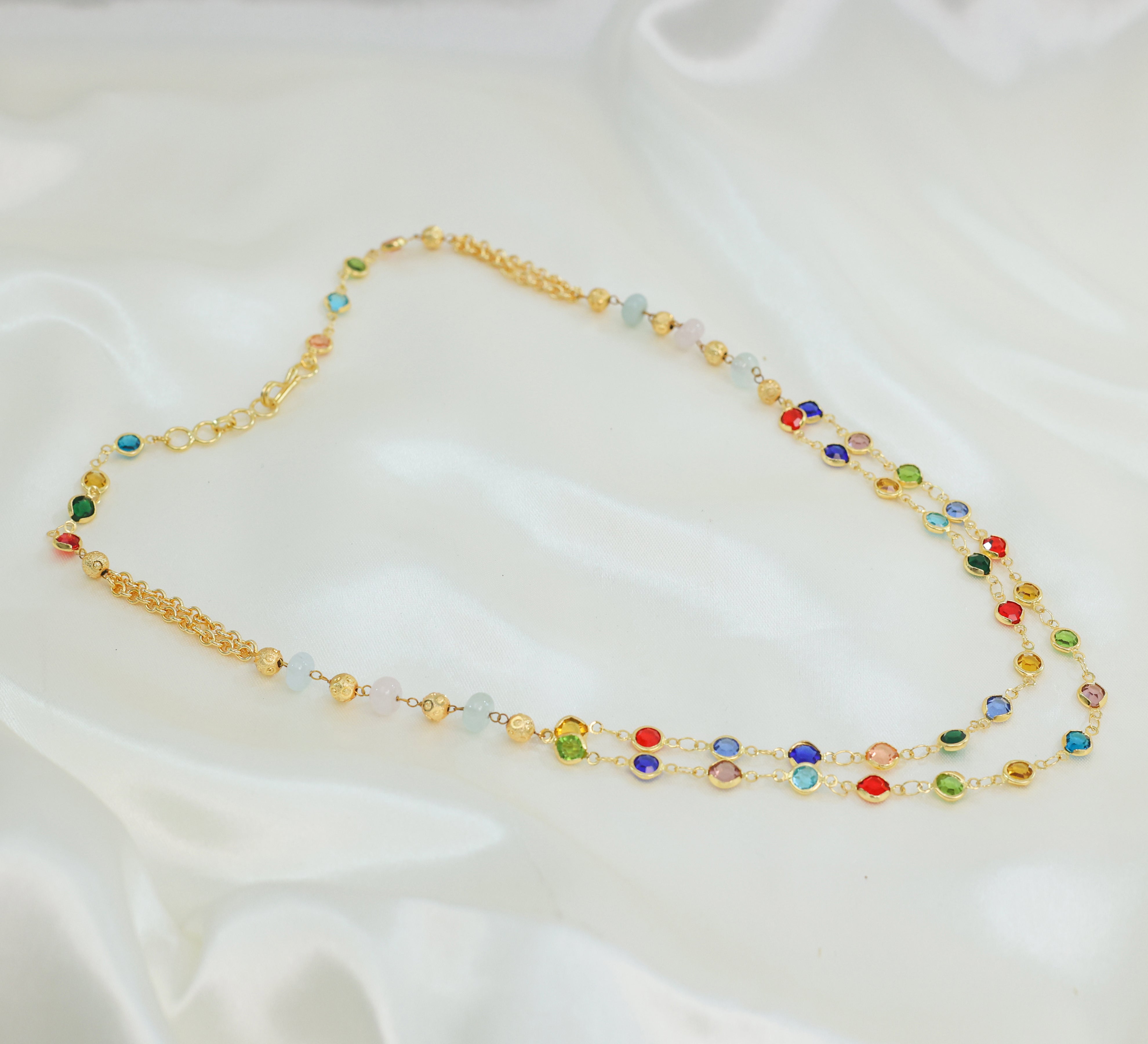 Colored Stone Chain Mala Necklace - Adisha Jewels