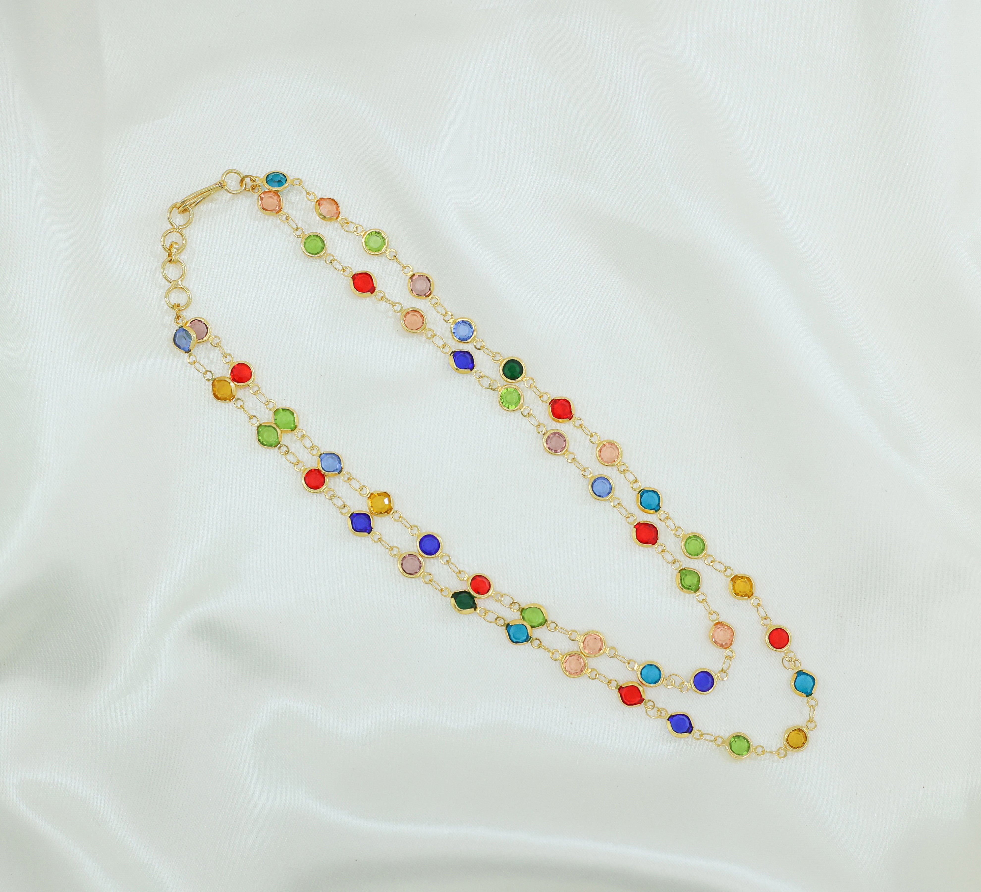 Gold-Plated Double-Line Necklace Set with Vibrant Color Stones - Adisha Jewels