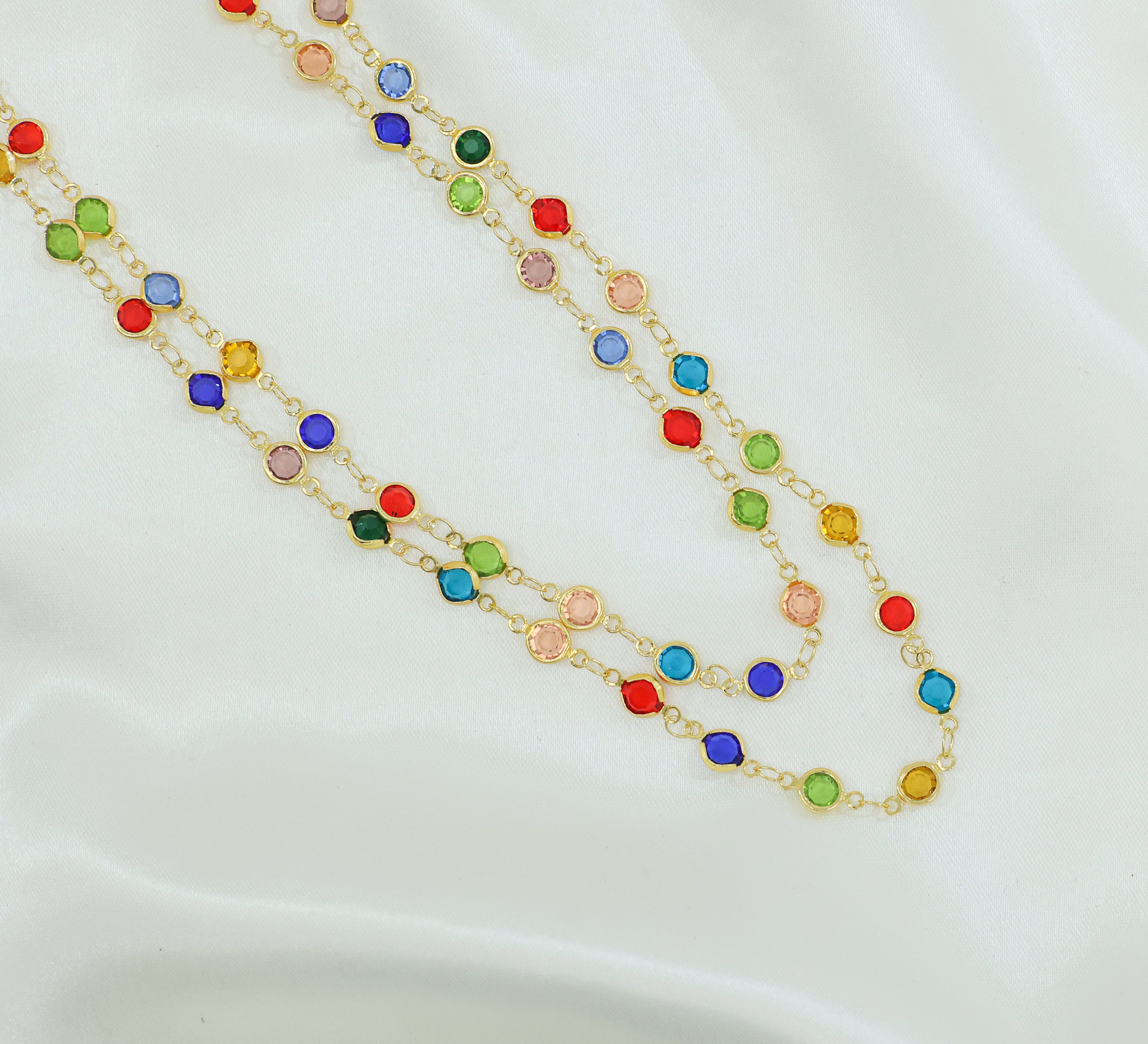 Gold-Plated Double-Line Necklace Set with Vibrant Color Stones - Adisha Jewels