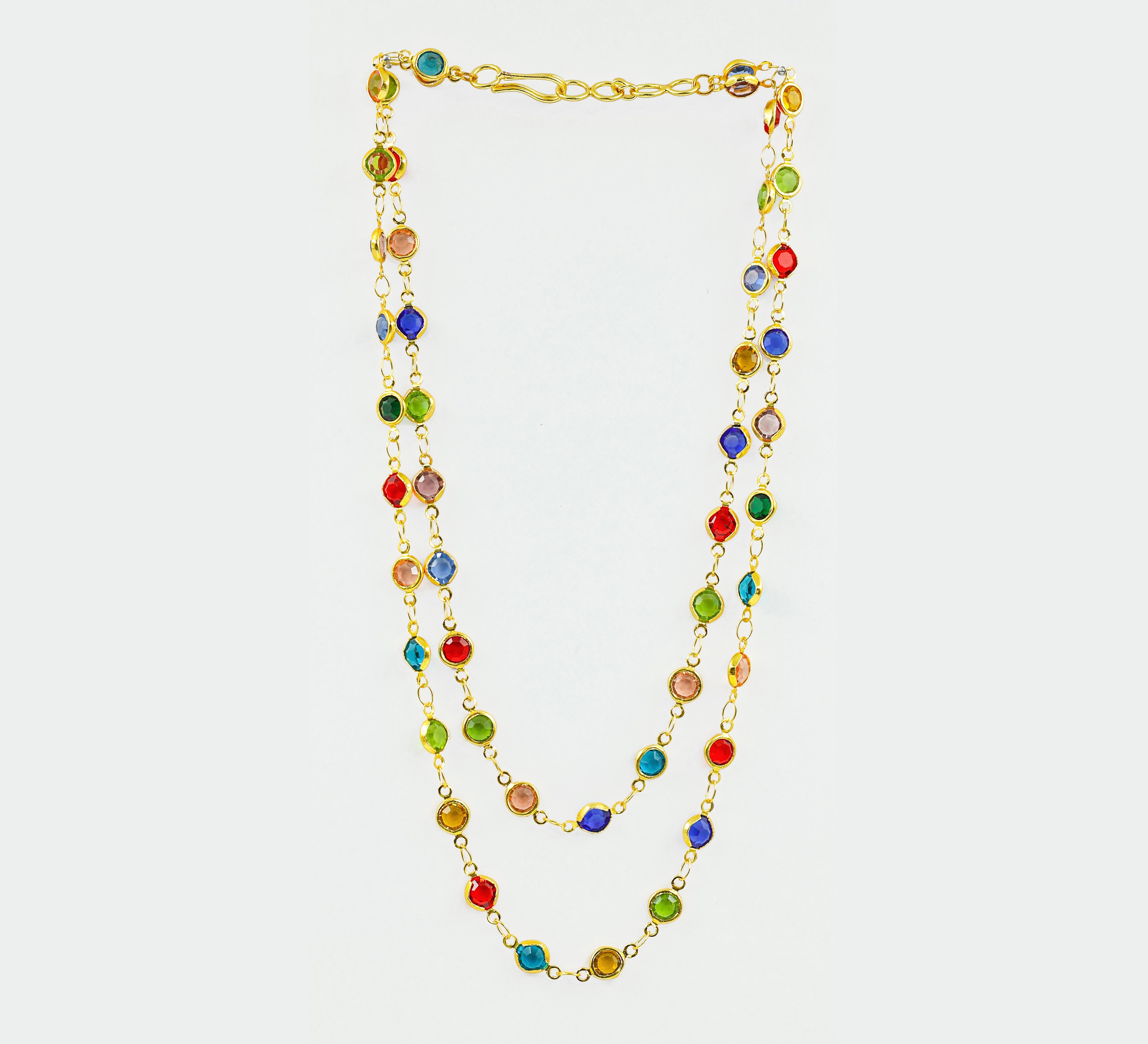 Gold-Plated Double-Line Necklace Set with Vibrant Color Stones - Adisha Jewels