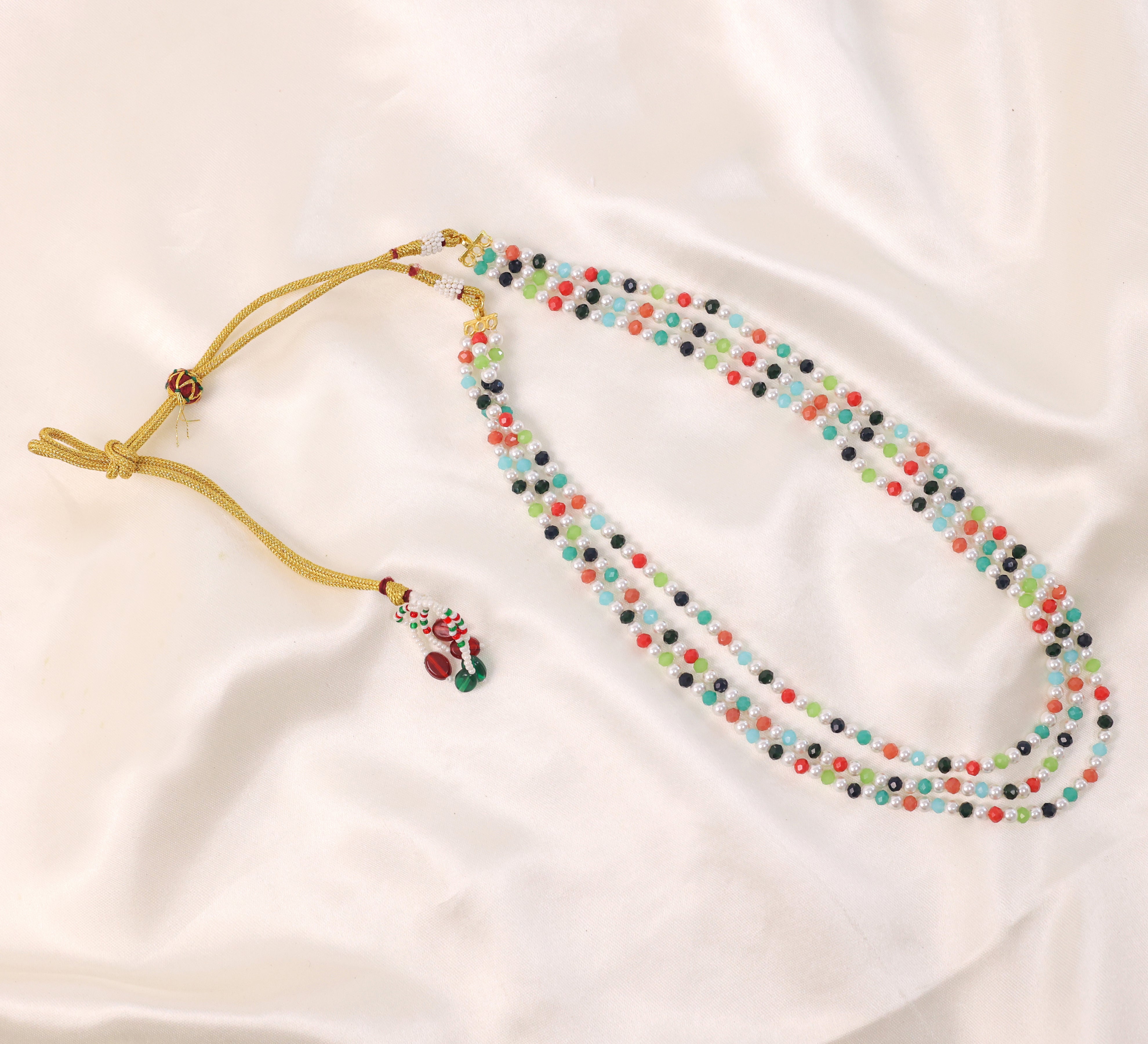 Gold-Plated Three-Line Mala Necklace with Crystal Beads and Shell Pearls - Adisha Jewels