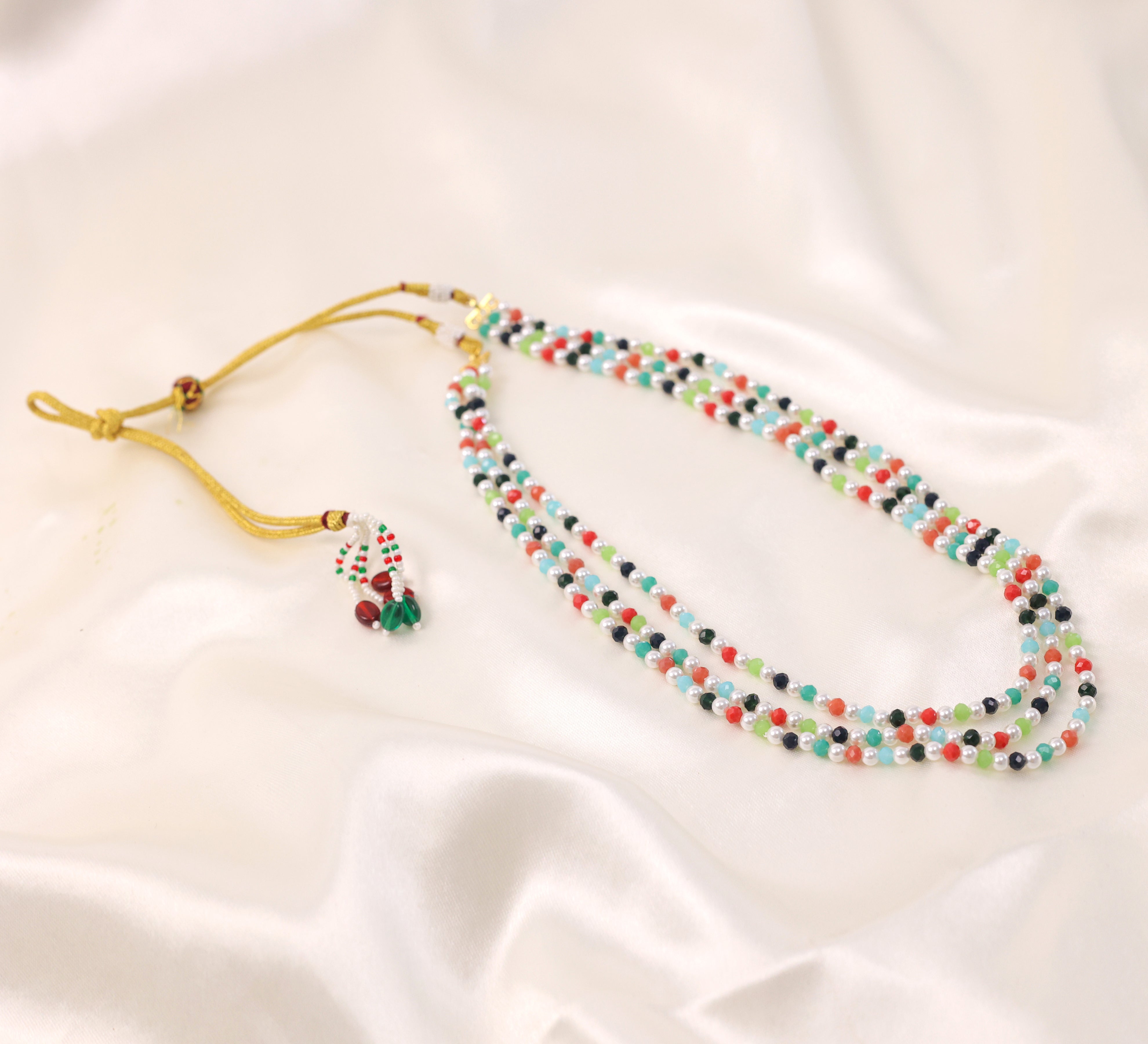 Gold-Plated Three-Line Mala Necklace with Crystal Beads and Shell Pearls - Adisha Jewels