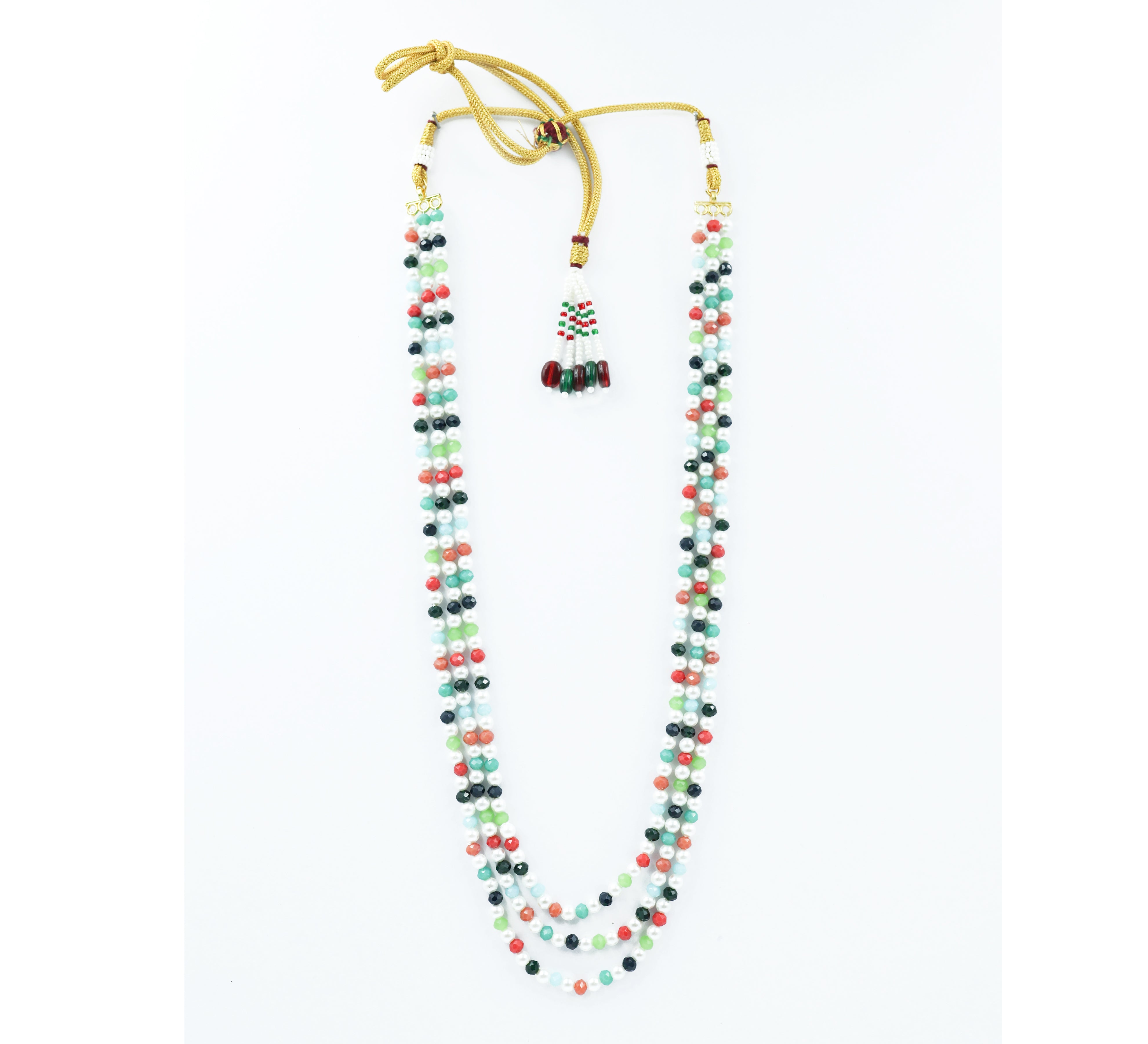 Gold-Plated Three-Line Mala Necklace with Crystal Beads and Shell Pearls - Adisha Jewels