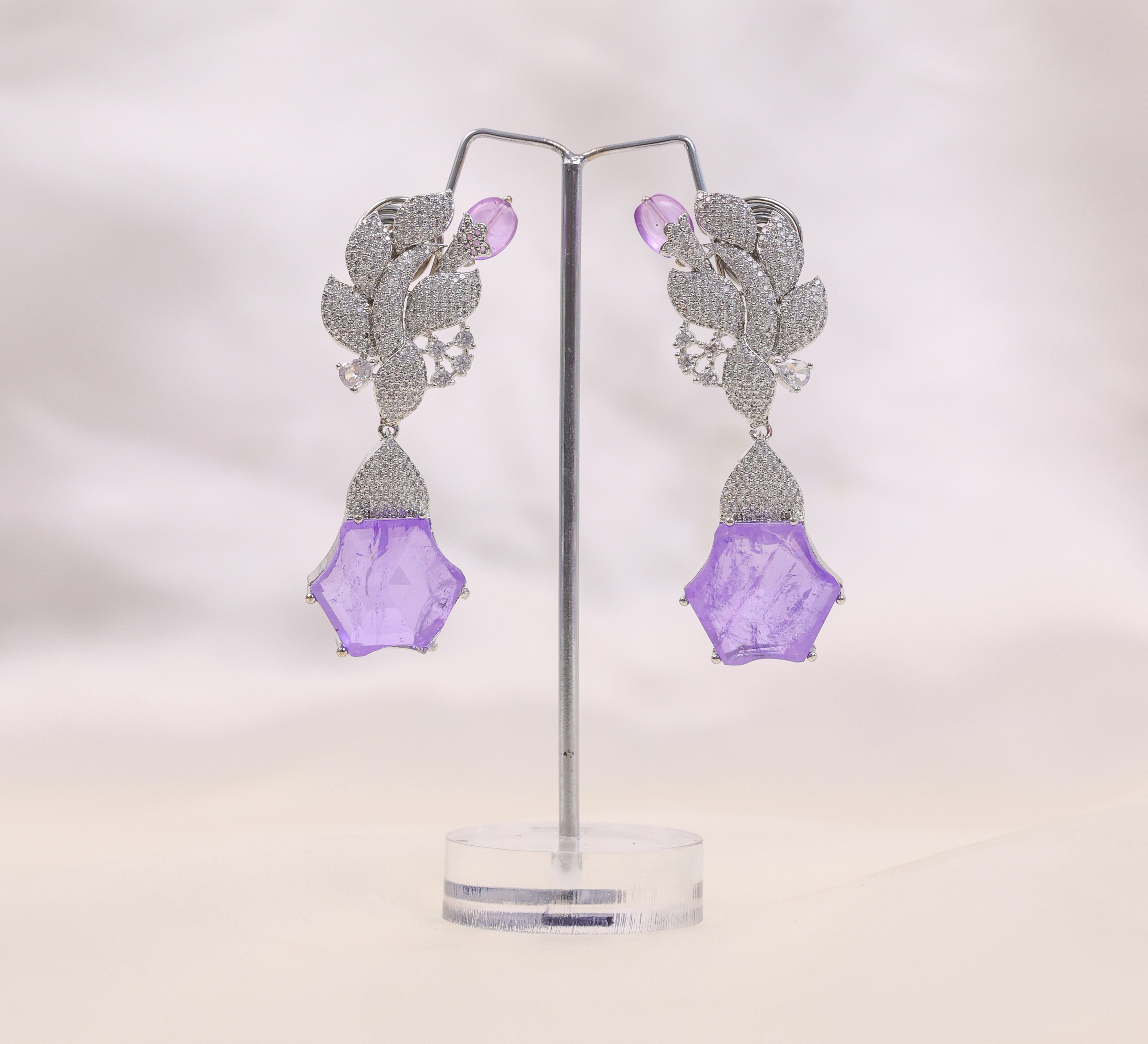 Beaded Earrings with Doublet Stones and CZ in White Rhodium - Adisha Jewels