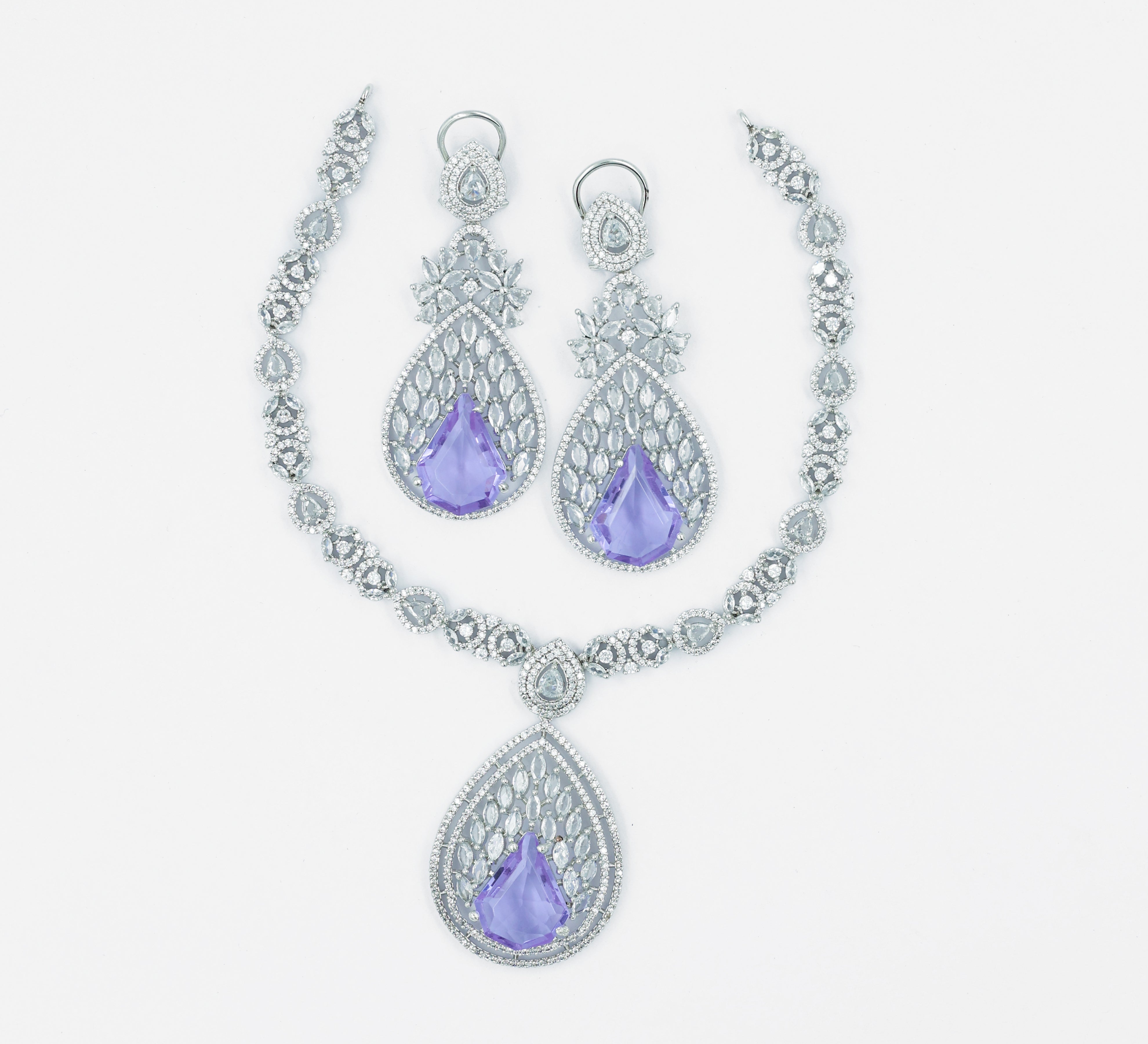 White Rhodium Necklace Set with Cubic Zirconia and Hydro Stones - Adisha Jewels