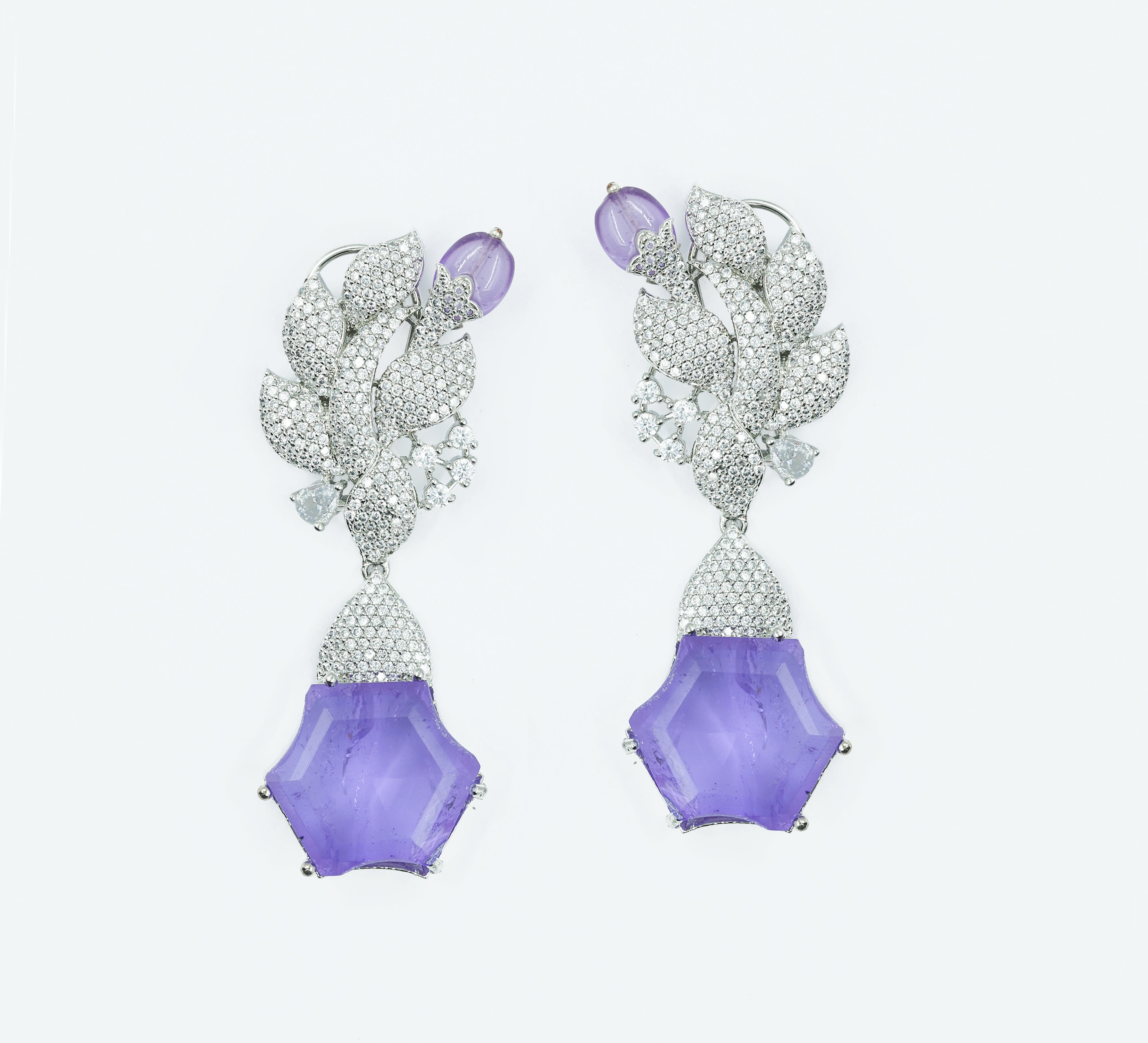 Beaded Earrings with Doublet Stones and CZ in White Rhodium - Adisha Jewels