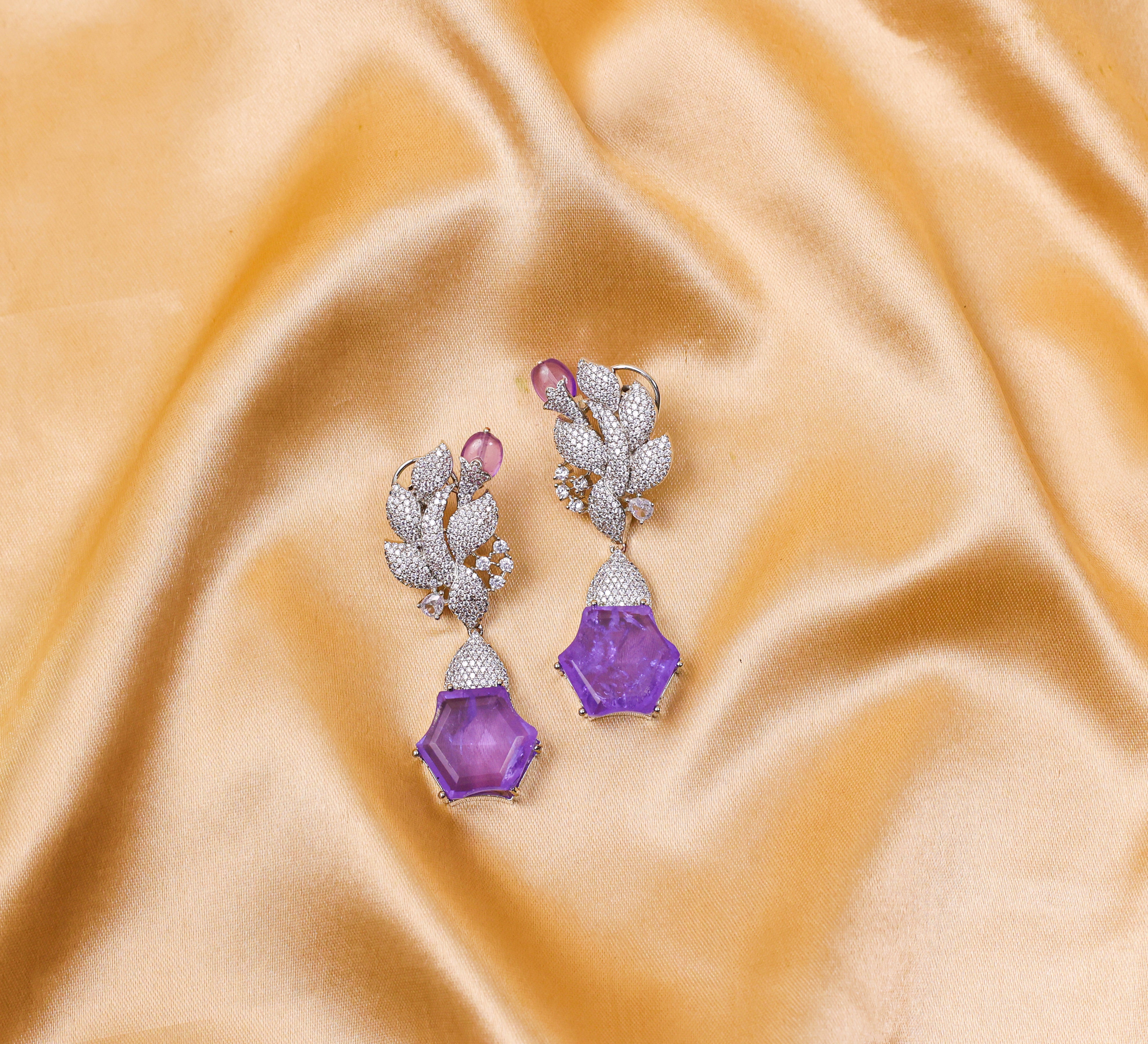 Beaded Earrings with Doublet Stones and CZ in White Rhodium - Adisha Jewels