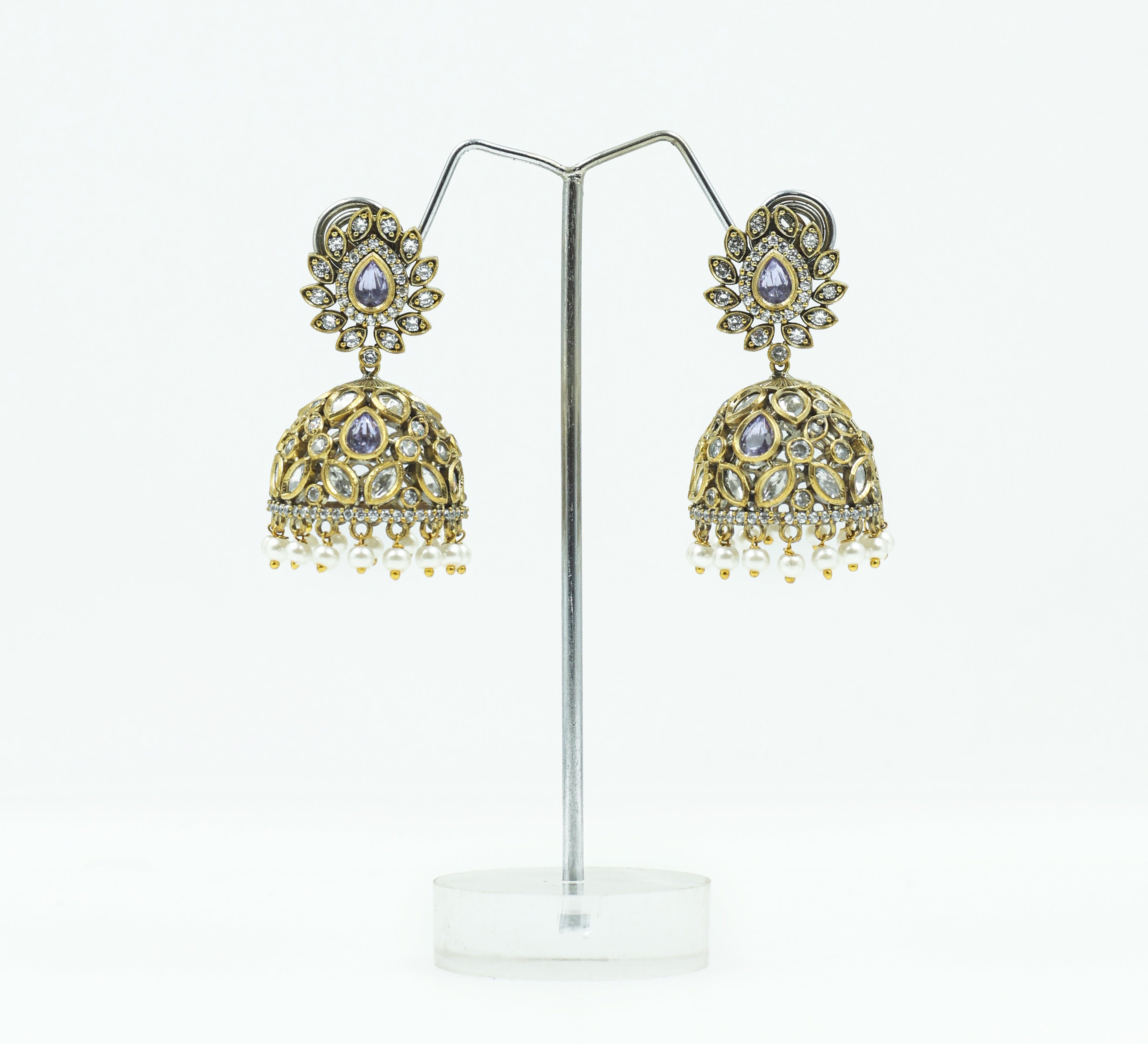 Silver Foil Victorian Jhumki Earrings with Kundan Polki and Hydro Stones - Adisha Jewels