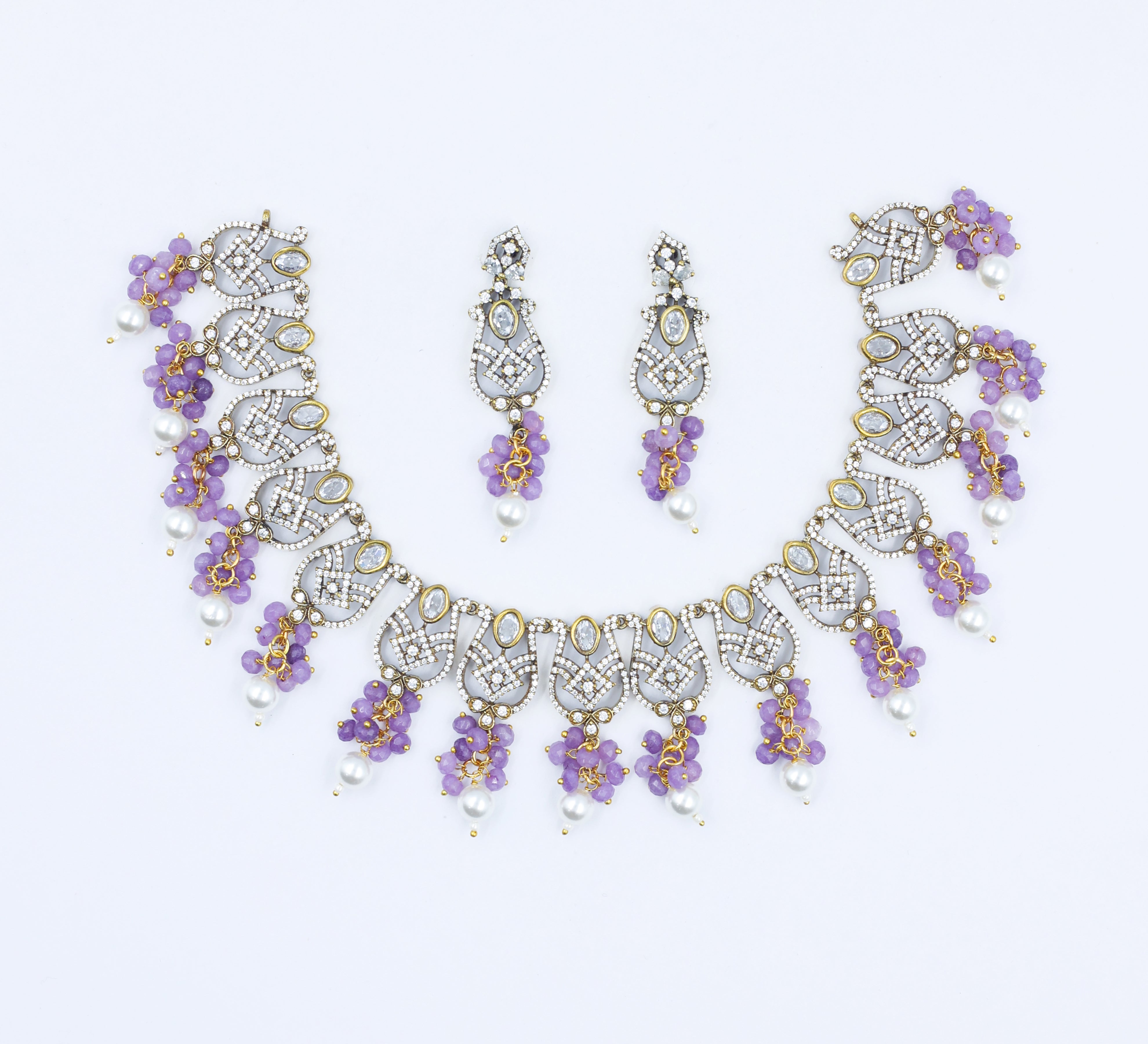 Victorian Antique Necklace Set with Colored Stones and American Diamonds - Adisha Jewels