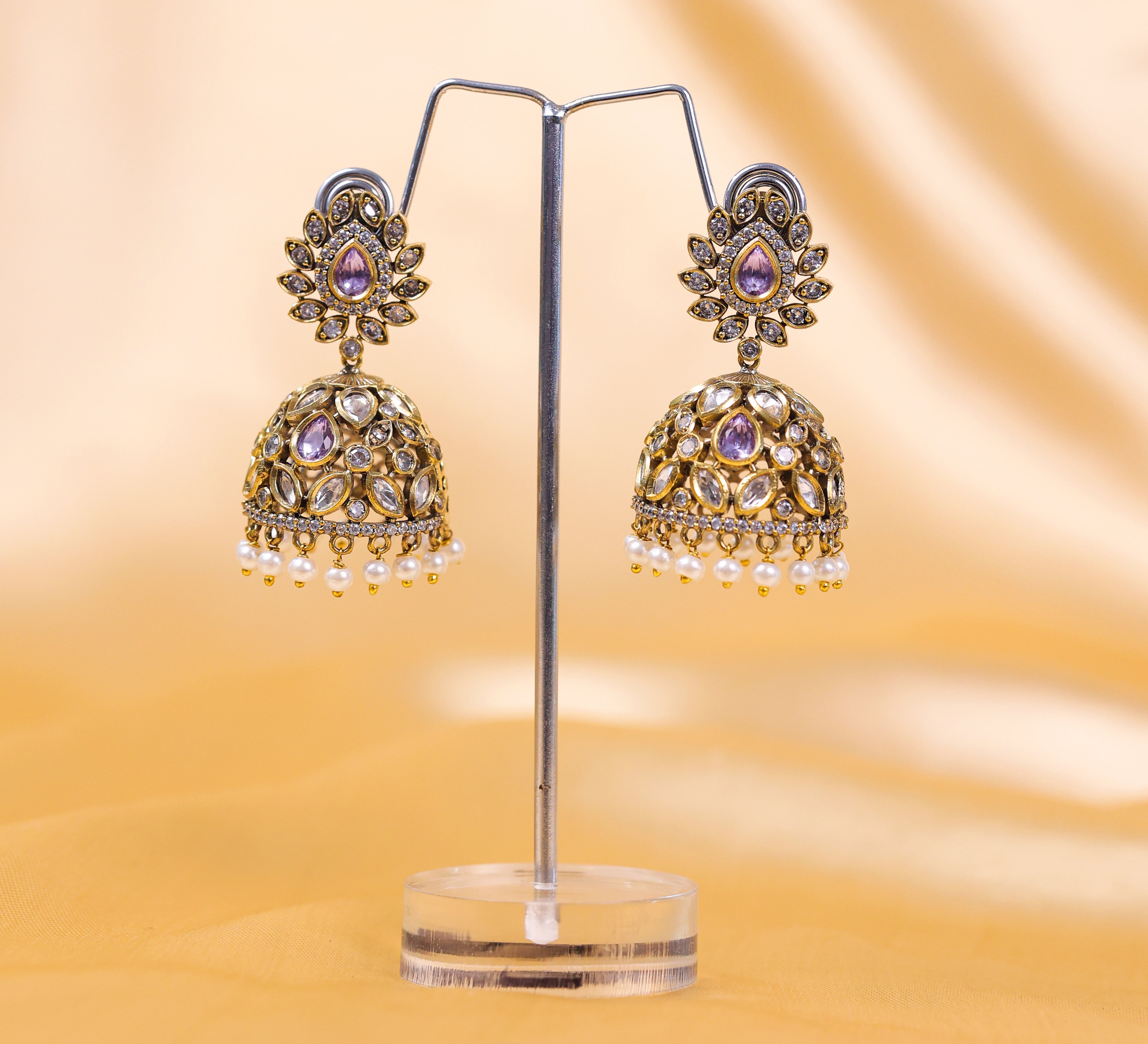 Silver Foil Victorian Jhumki Earrings with Kundan Polki and Hydro Stones - Adisha Jewels