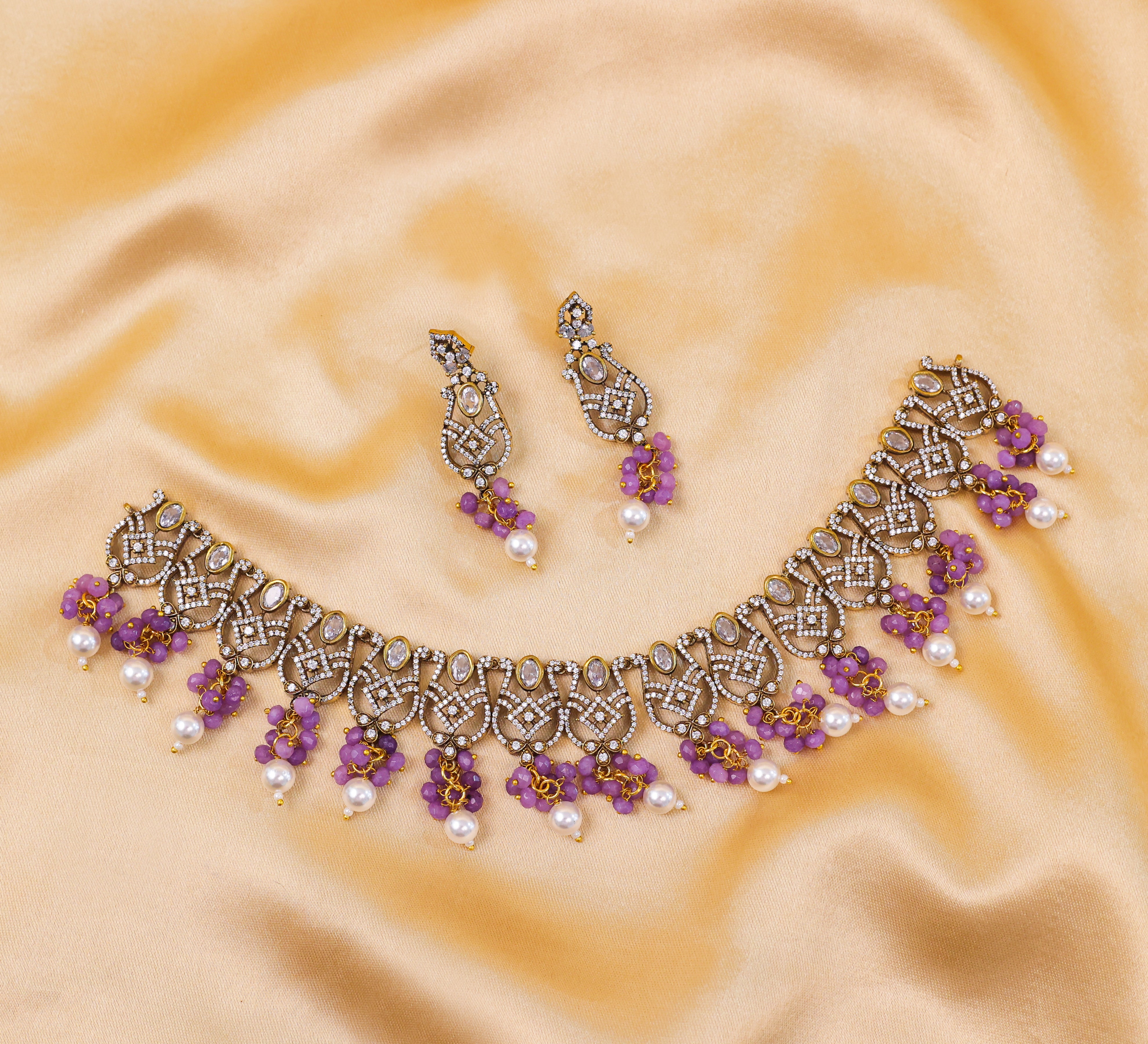 Victorian Antique Necklace Set with Colored Stones and American Diamonds - Adisha Jewels