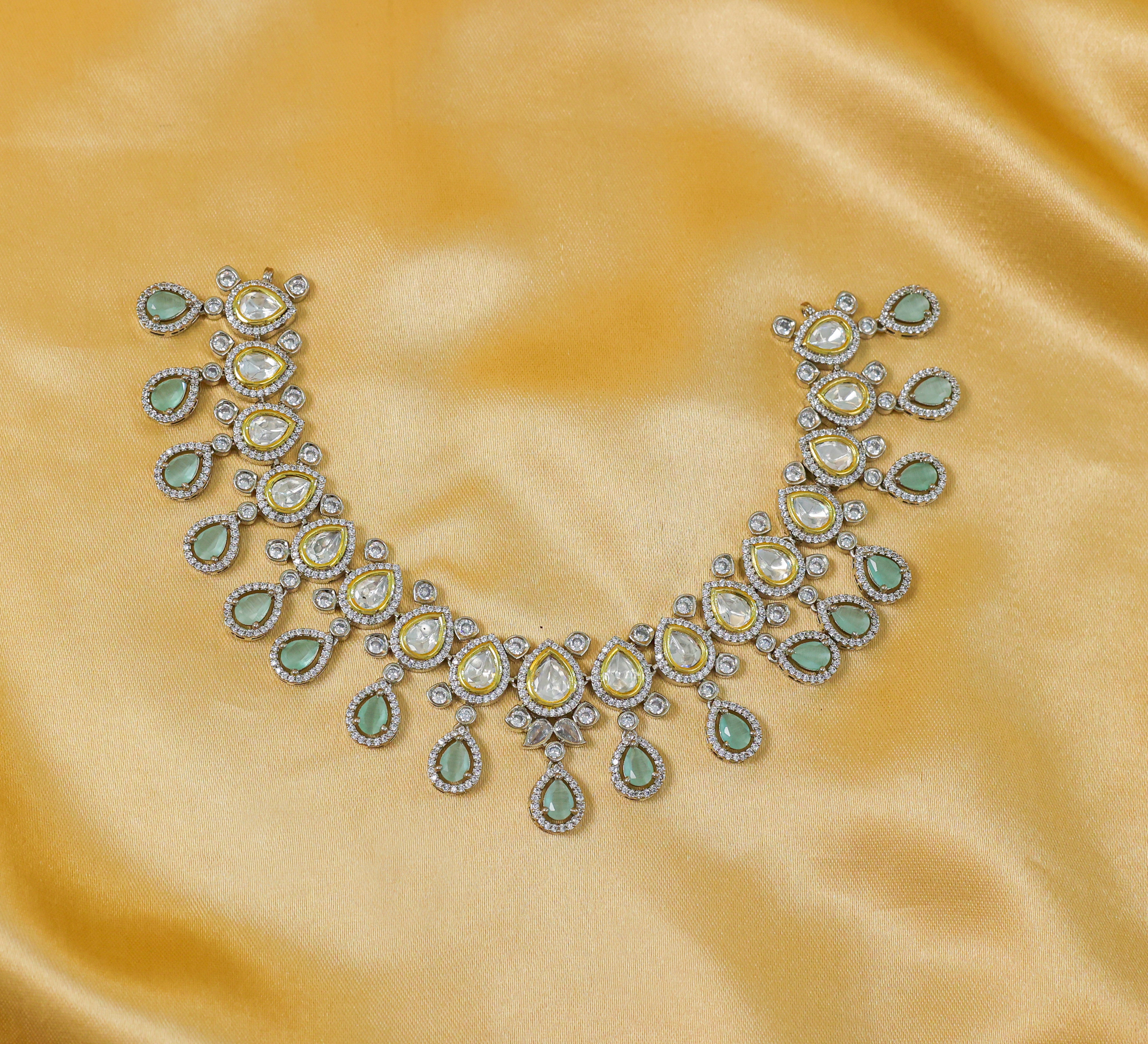 Victorian-Inspired Kundan Polki Necklace Set in Antique Silver Plating - Adisha Jewels