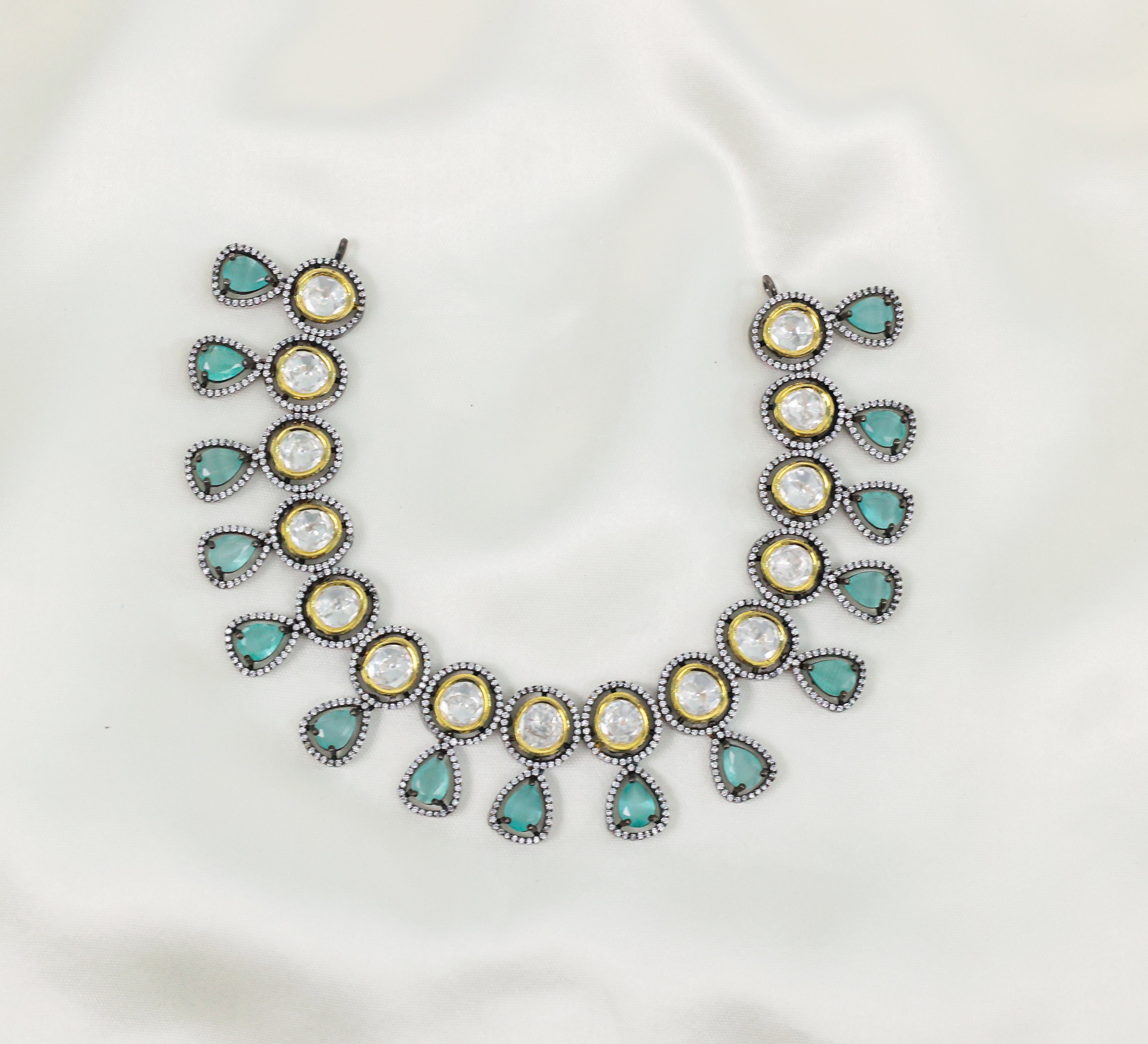 Victorian-Inspired Necklace Set with Hydro Stones & Kundan Polki - Adisha Jewels