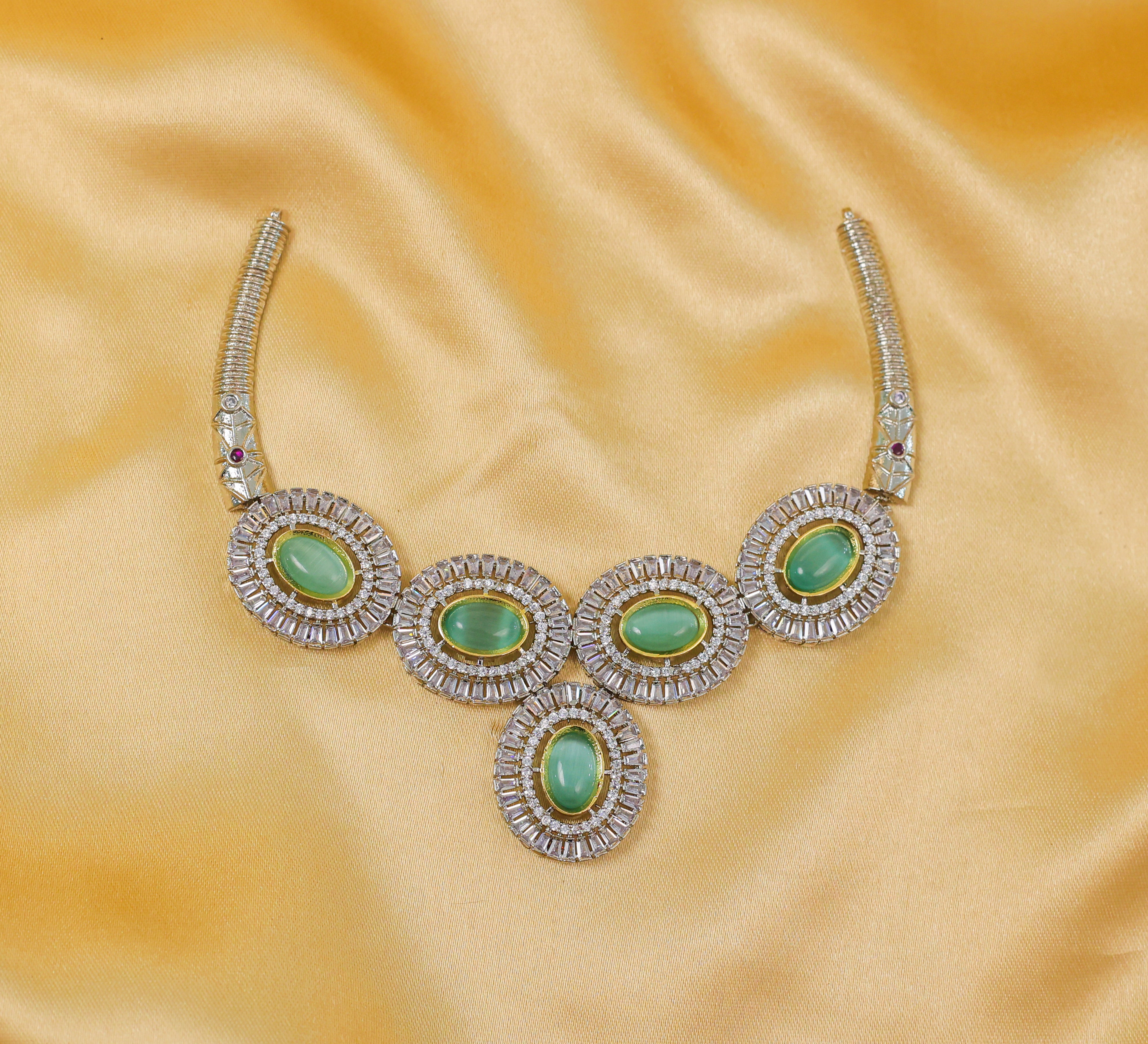 Antique Silver-Plated Necklace Set with Hydro Stones - Adisha Jewels