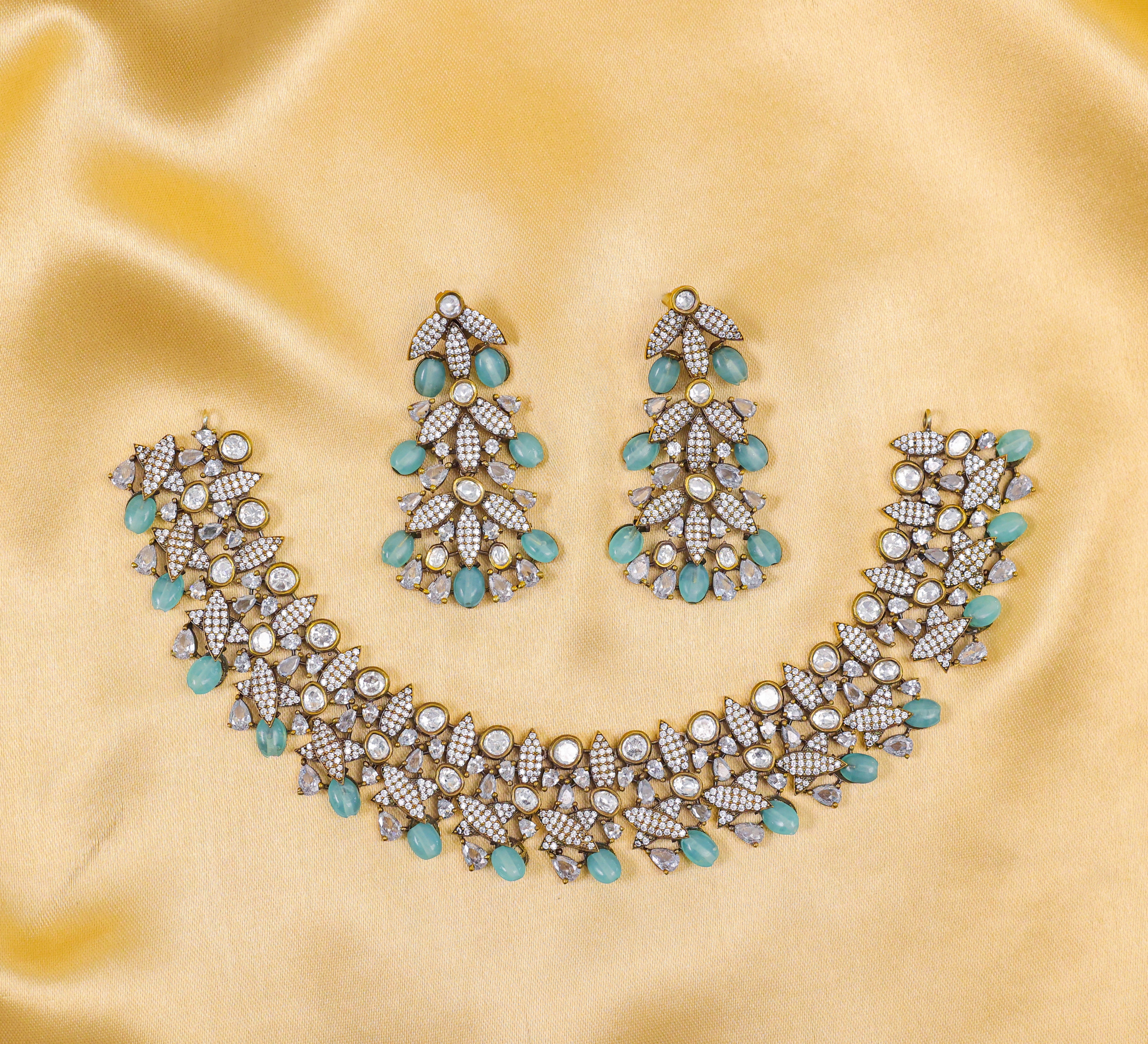 Kundan Polki Necklace Set with Victorian Polish - Adisha Jewels