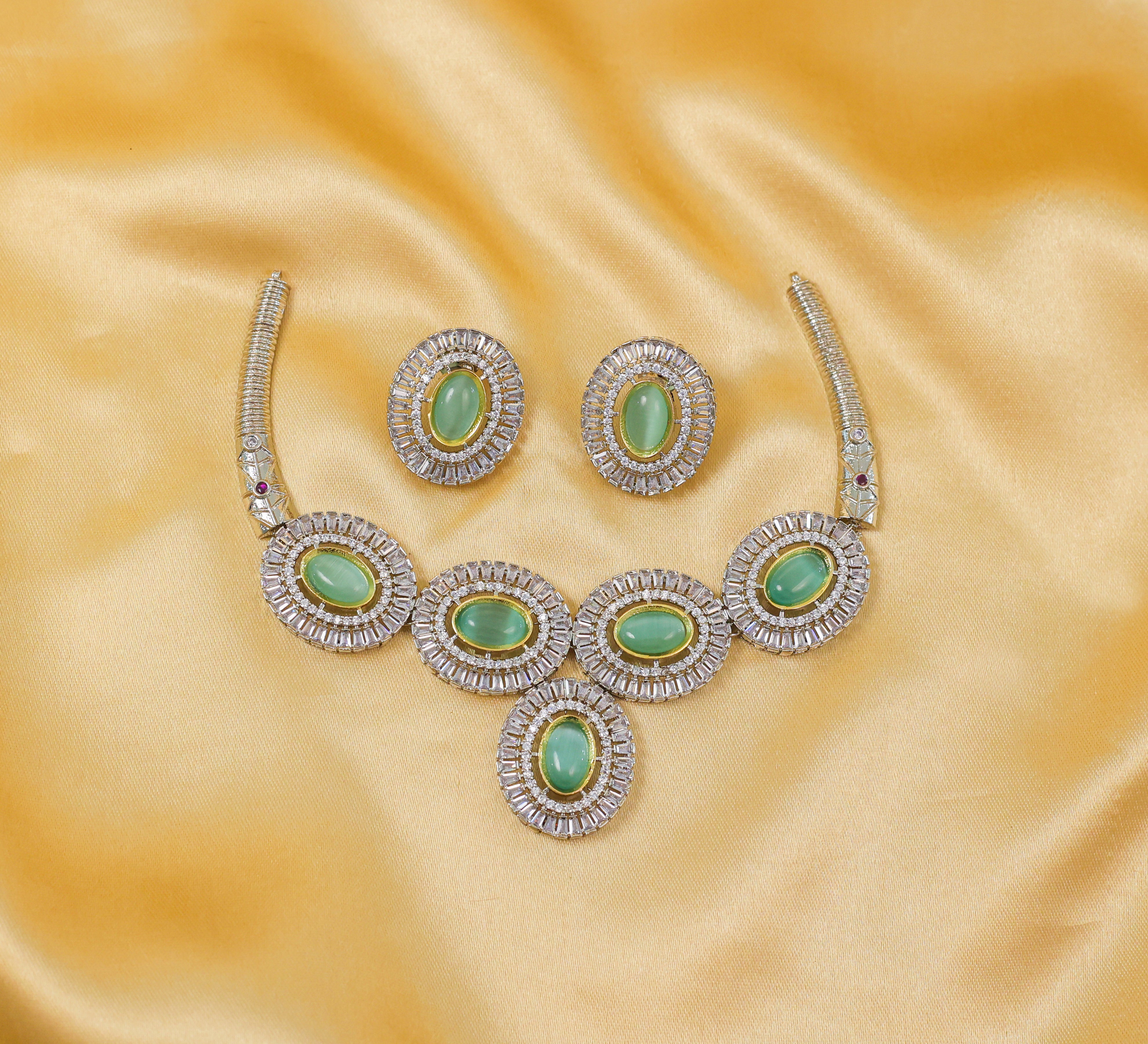 Antique Silver-Plated Necklace Set with Hydro Stones - Adisha Jewels