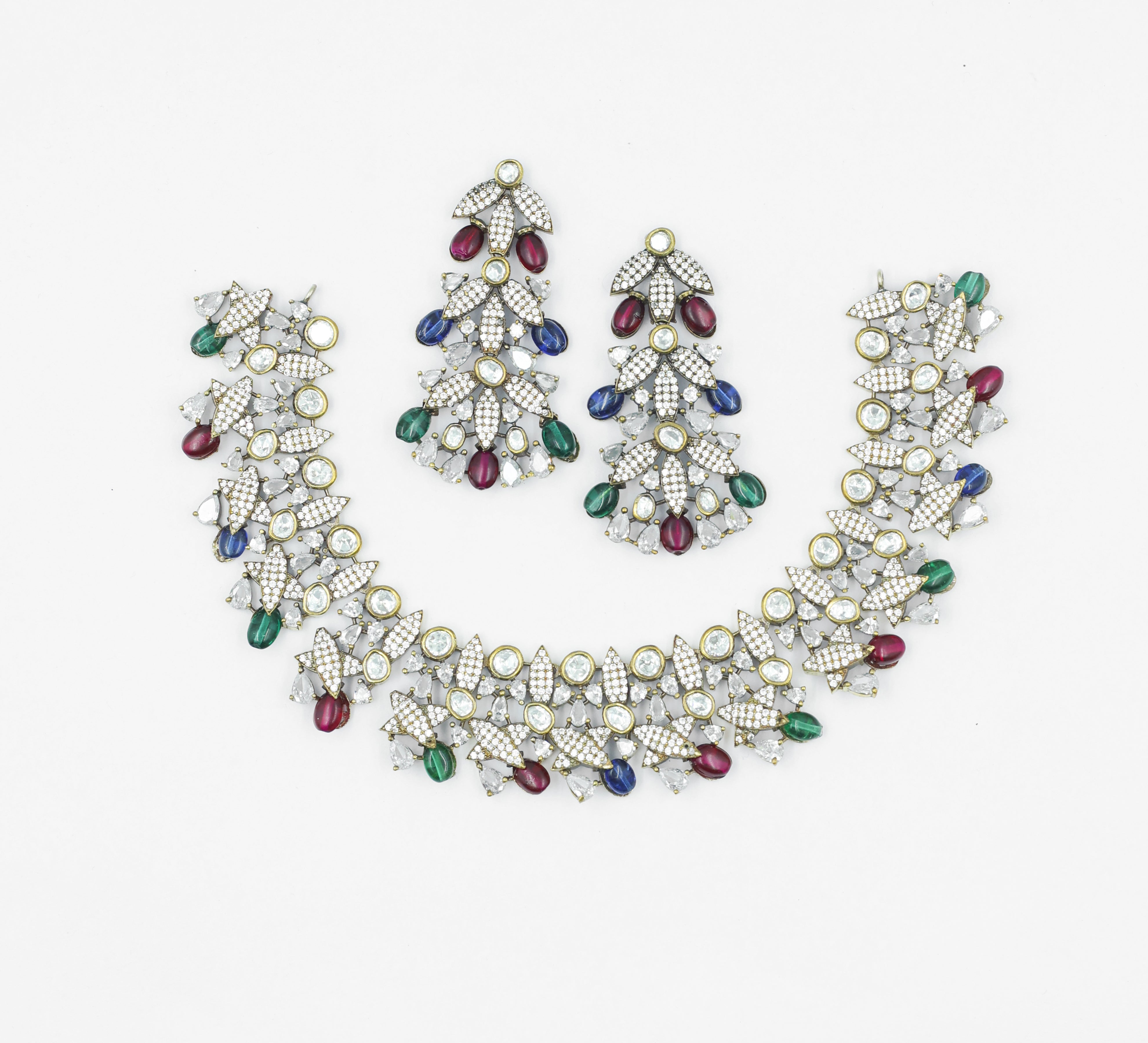 Kundan Polki Necklace Set with Victorian Polish - Adisha Jewels