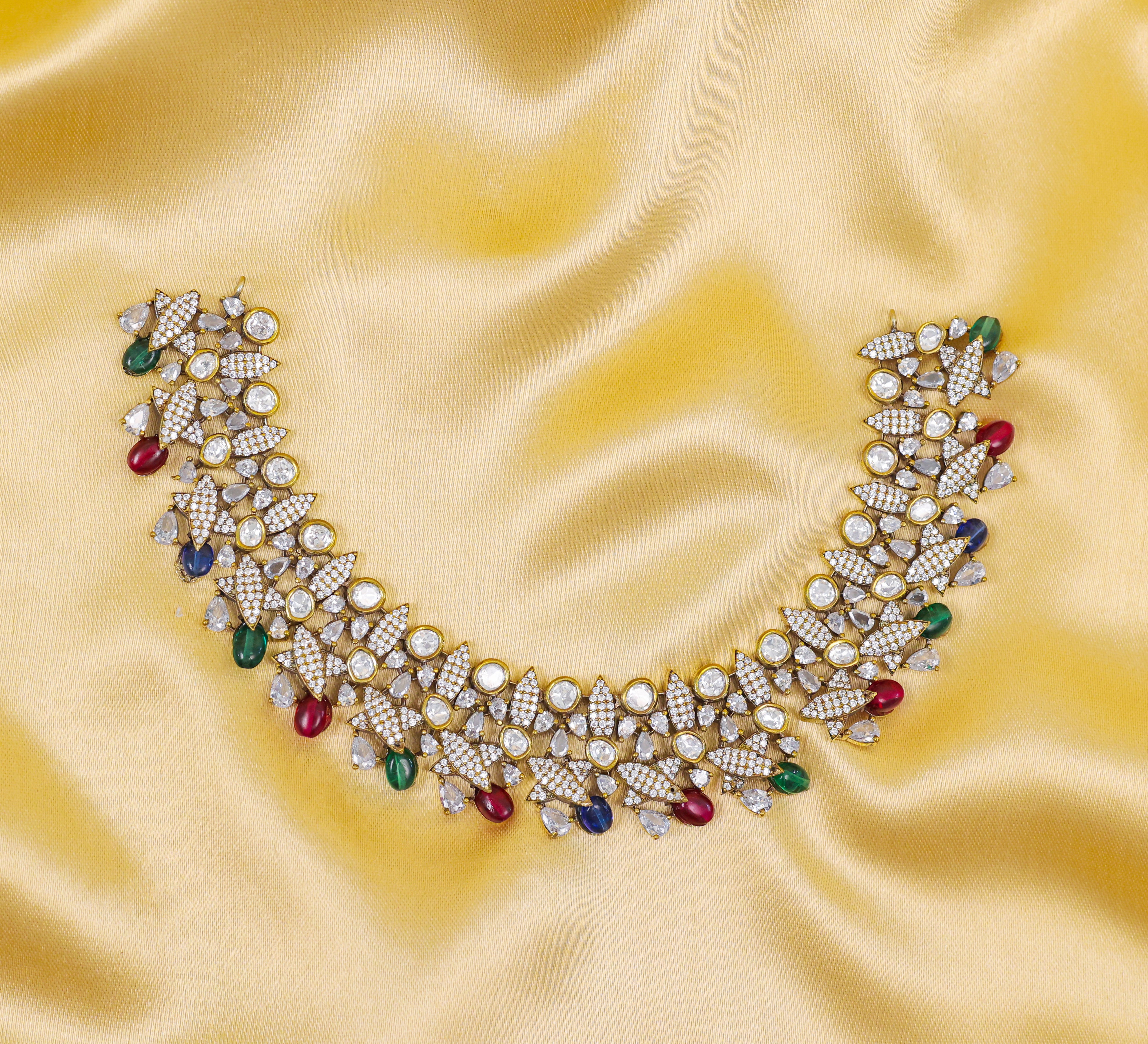 Kundan Polki Necklace Set with Victorian Polish - Adisha Jewels