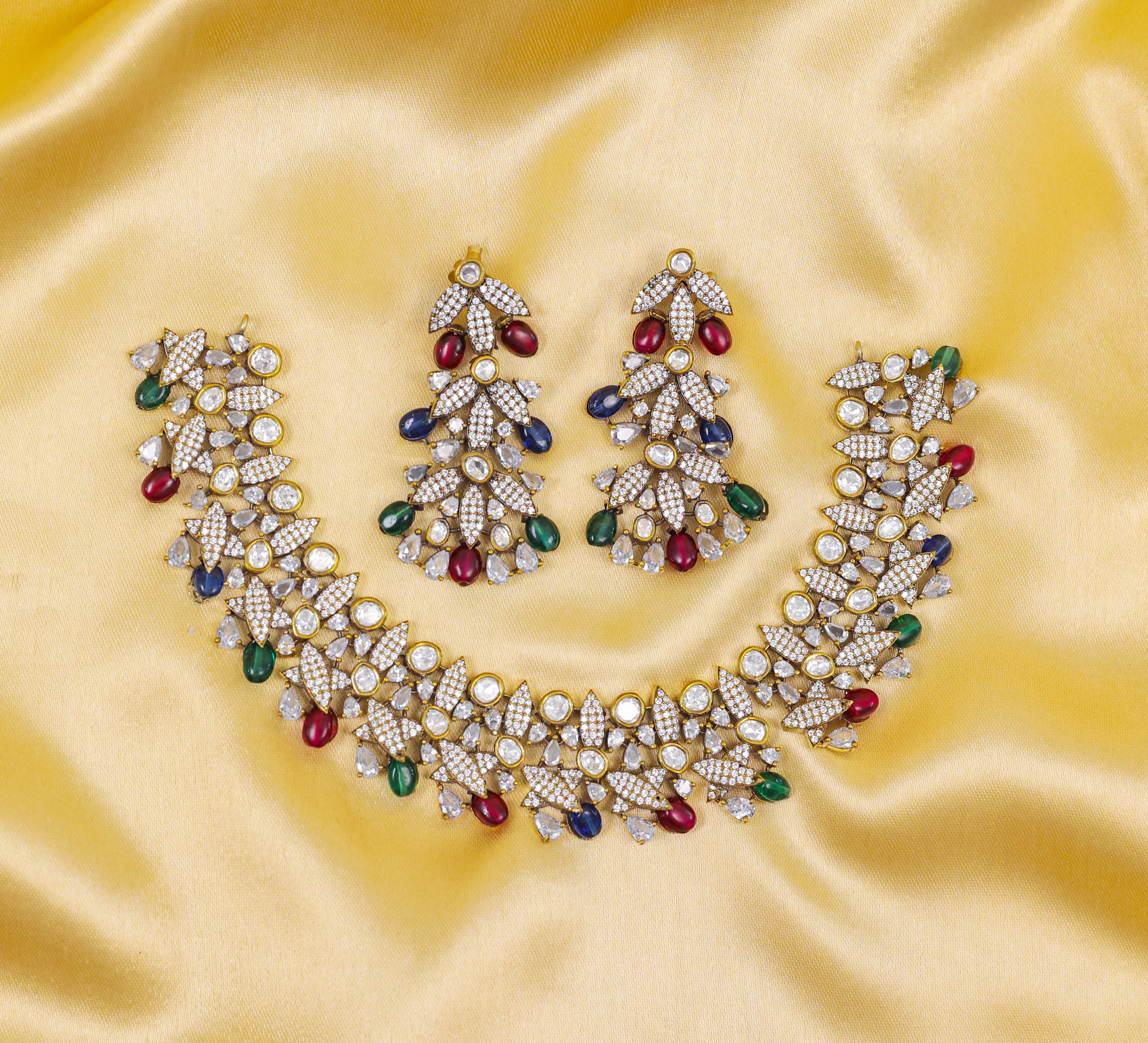 Kundan Polki Necklace Set with Victorian Polish - Adisha Jewels