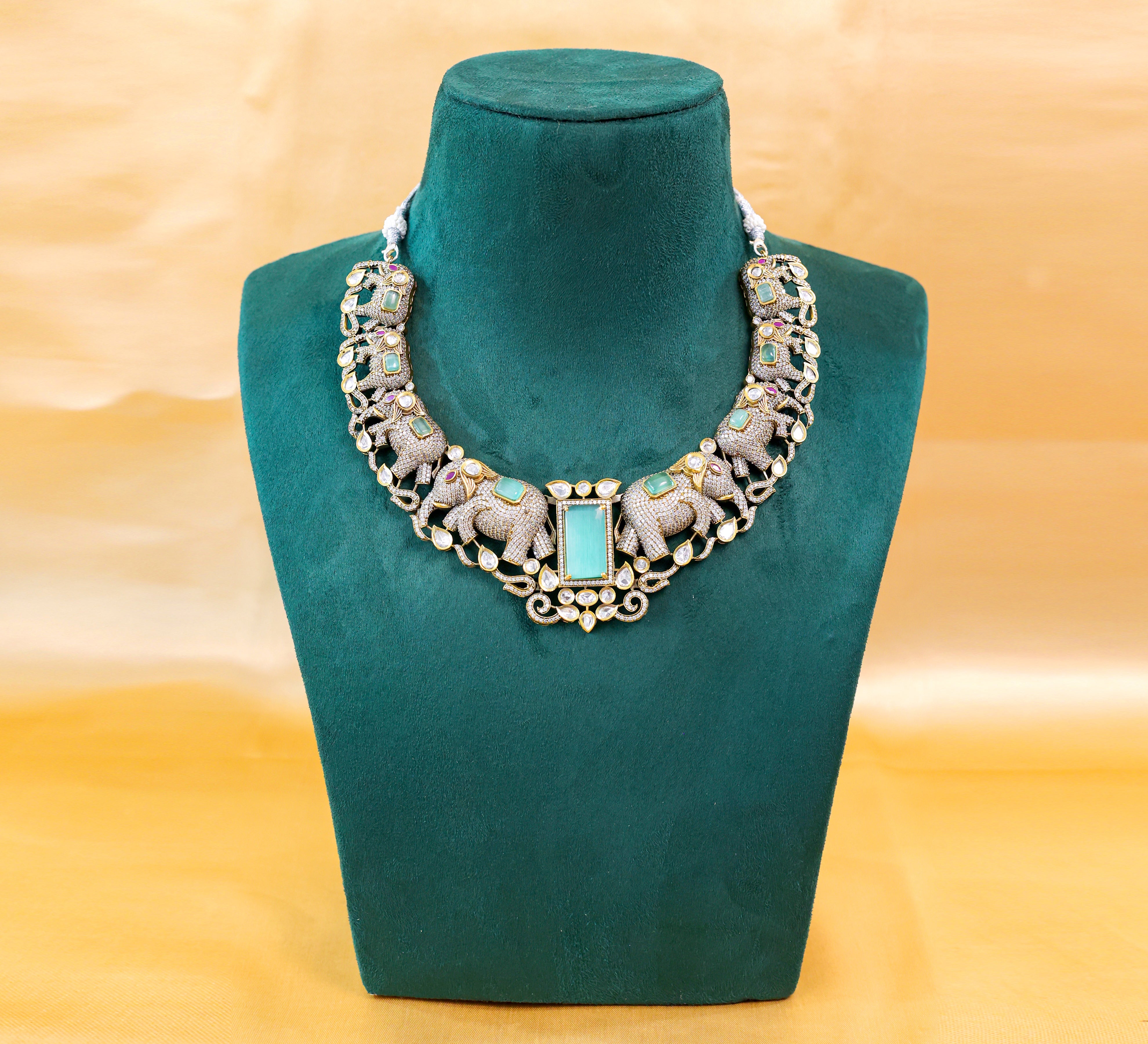 Victorian-Inspired Kundan Polki Necklace Set with Hydro Stones - Adisha Jewels