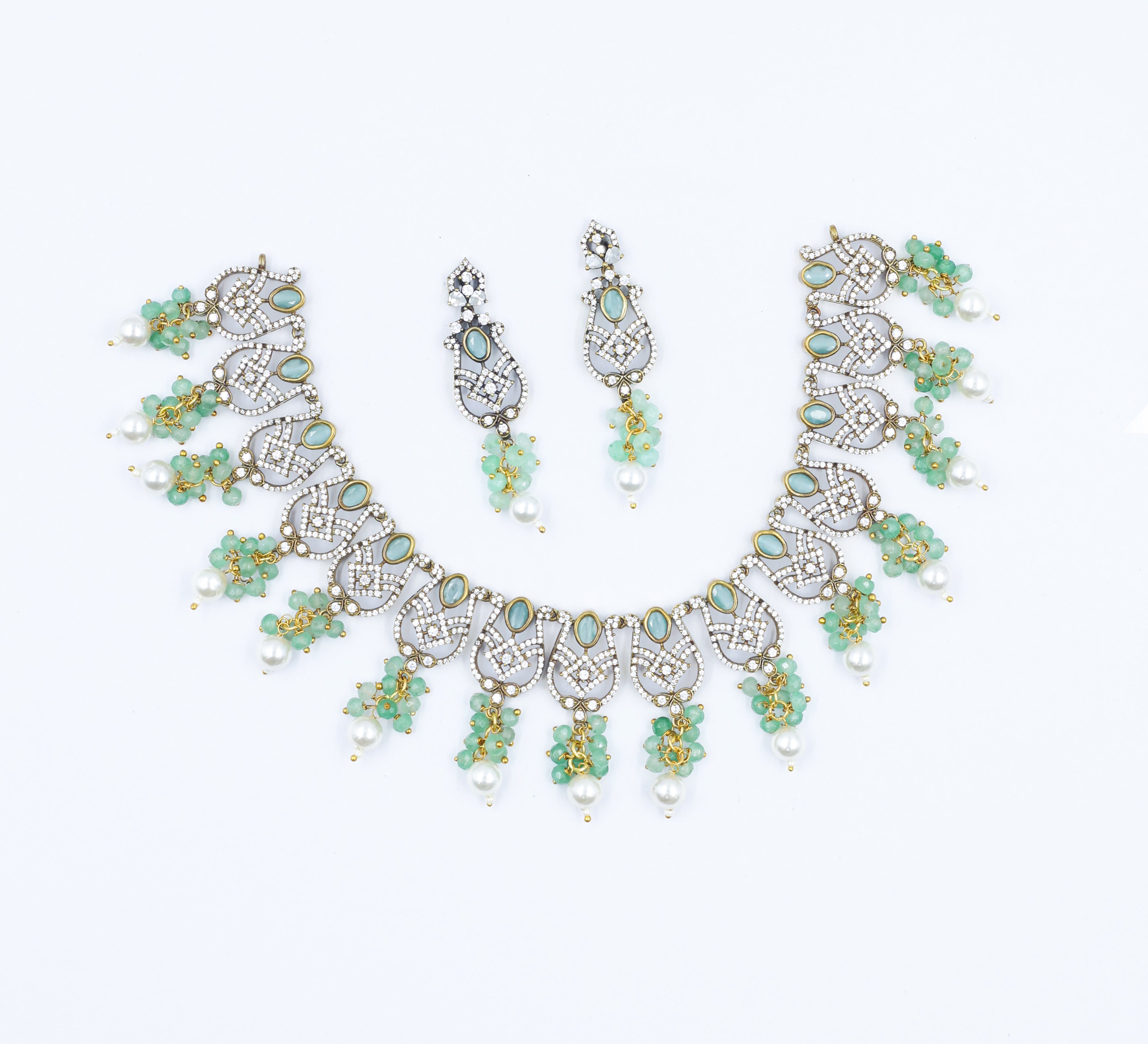 Victorian Antique Necklace Set with Colored Stones and American Diamonds - Adisha Jewels