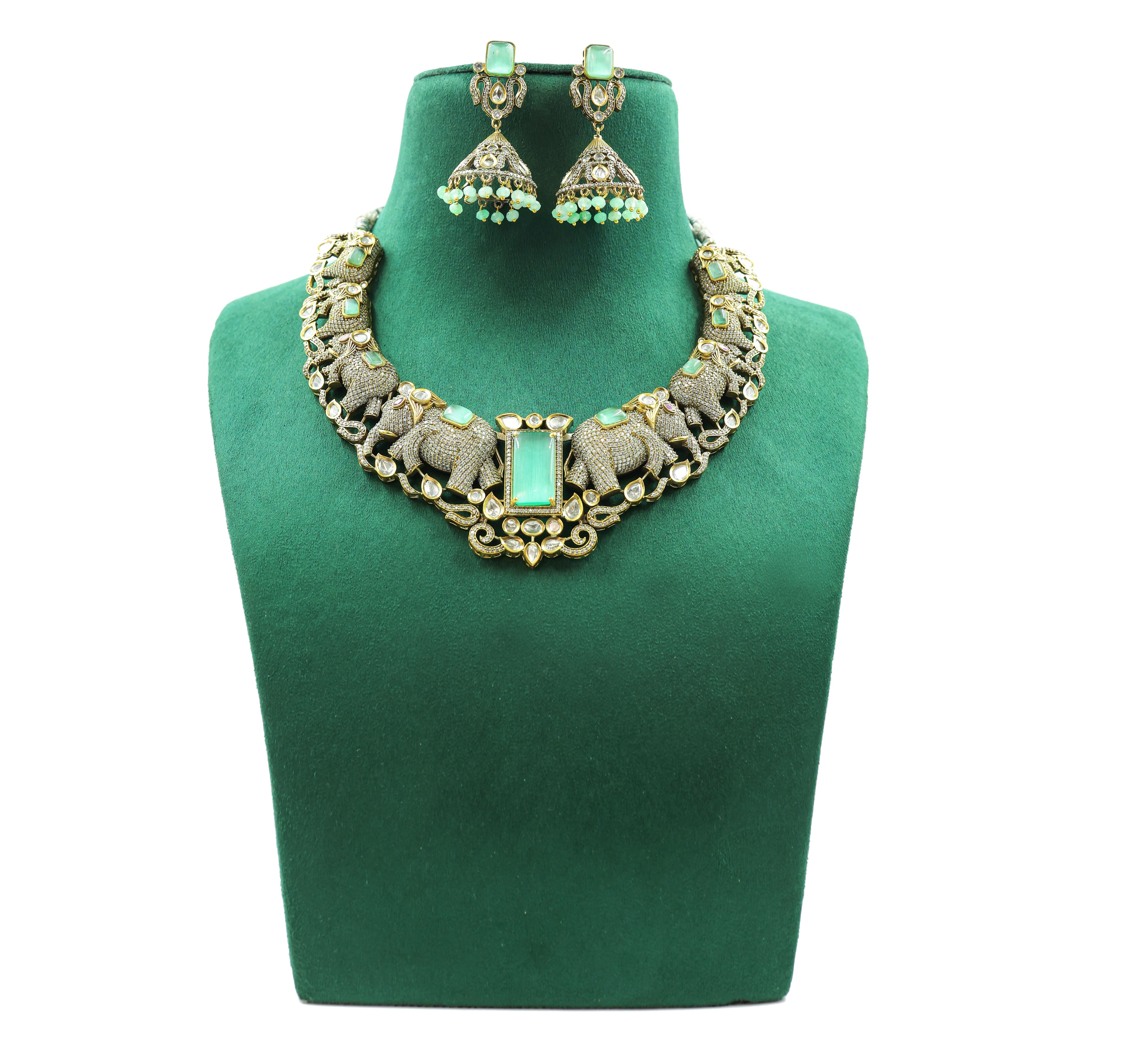 Victorian-Inspired Kundan Polki Necklace Set with Hydro Stones - Adisha Jewels