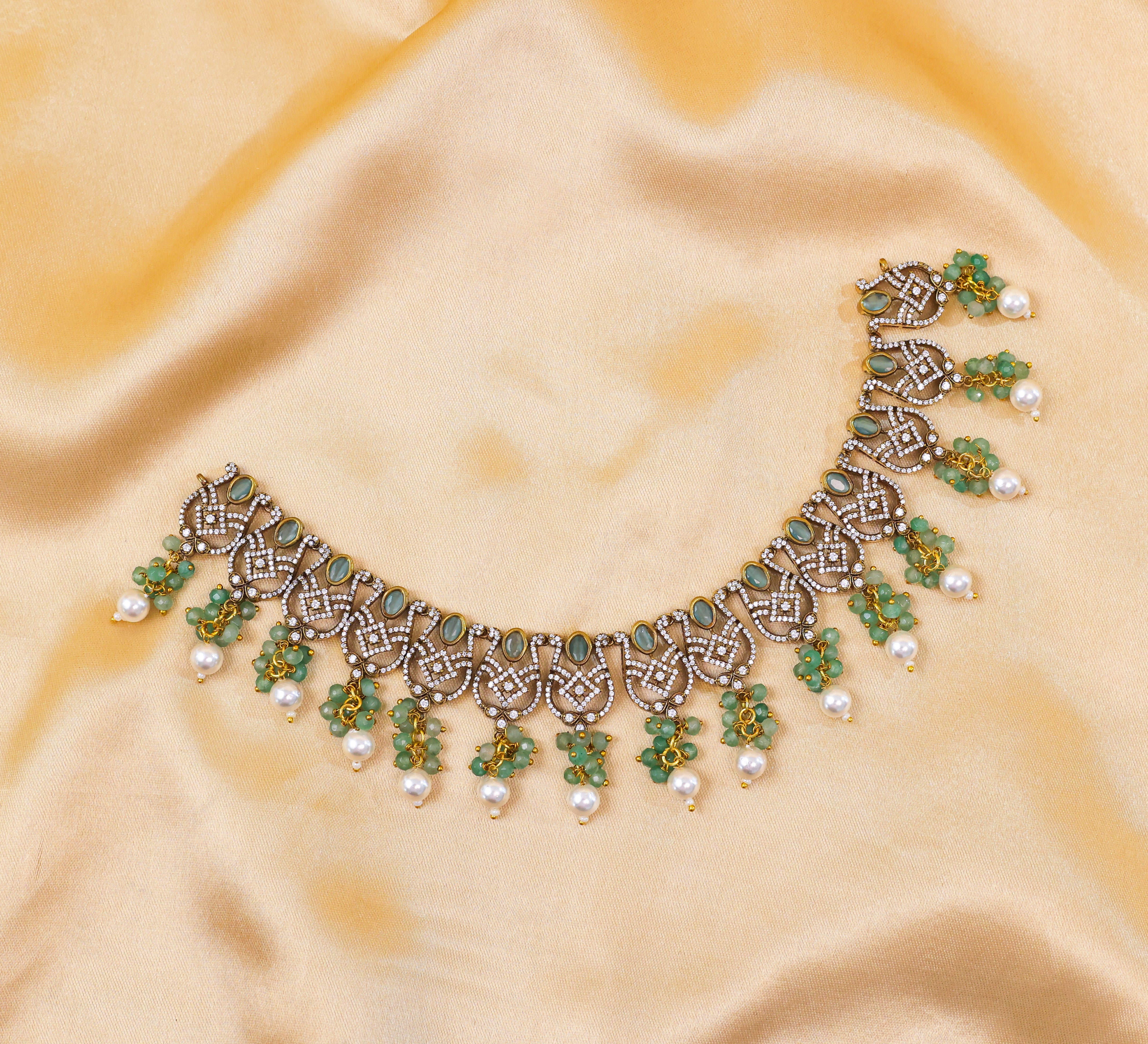 Victorian Antique Necklace Set with Colored Stones and American Diamonds - Adisha Jewels