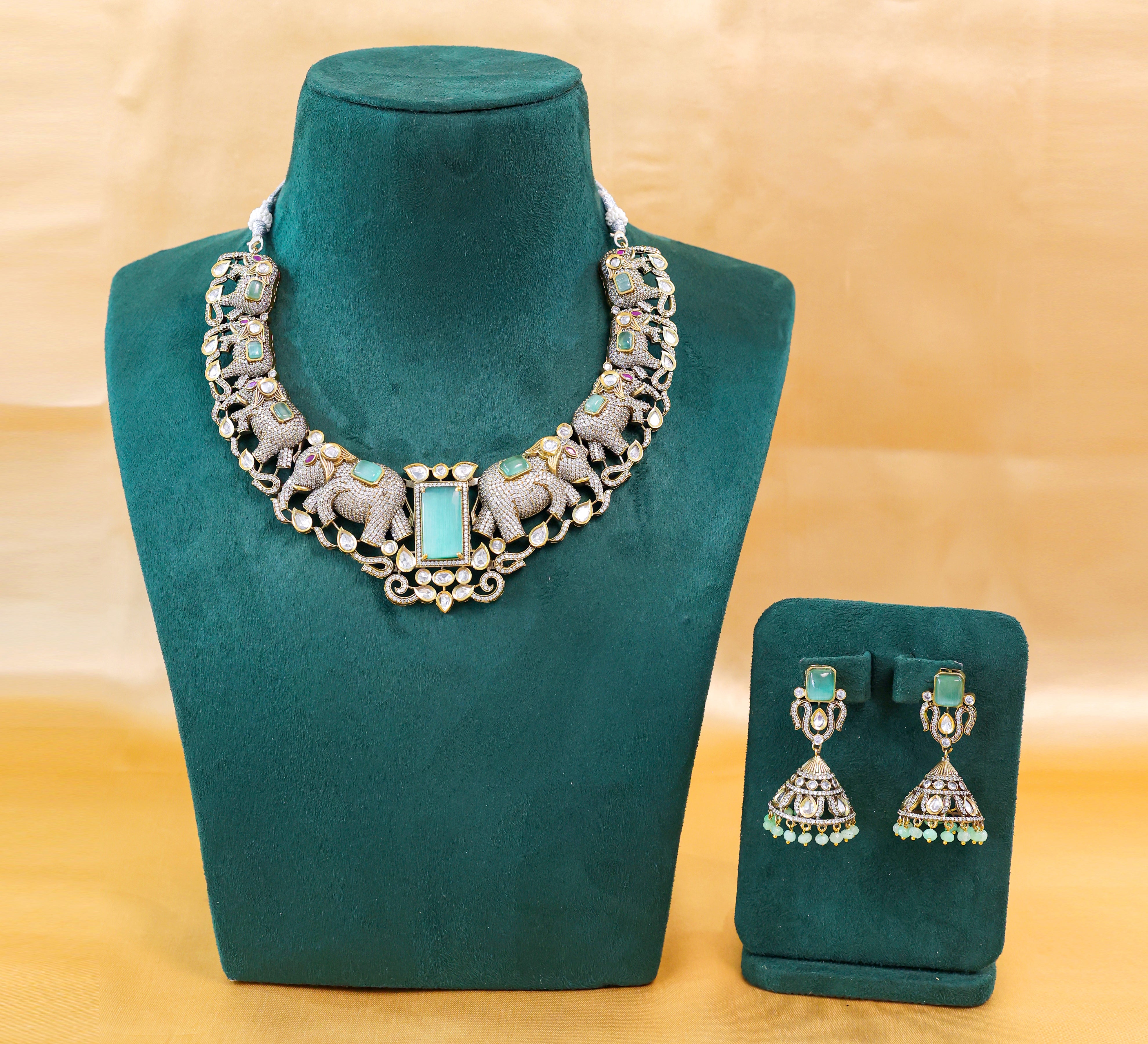 Victorian-Inspired Kundan Polki Necklace Set with Hydro Stones - Adisha Jewels