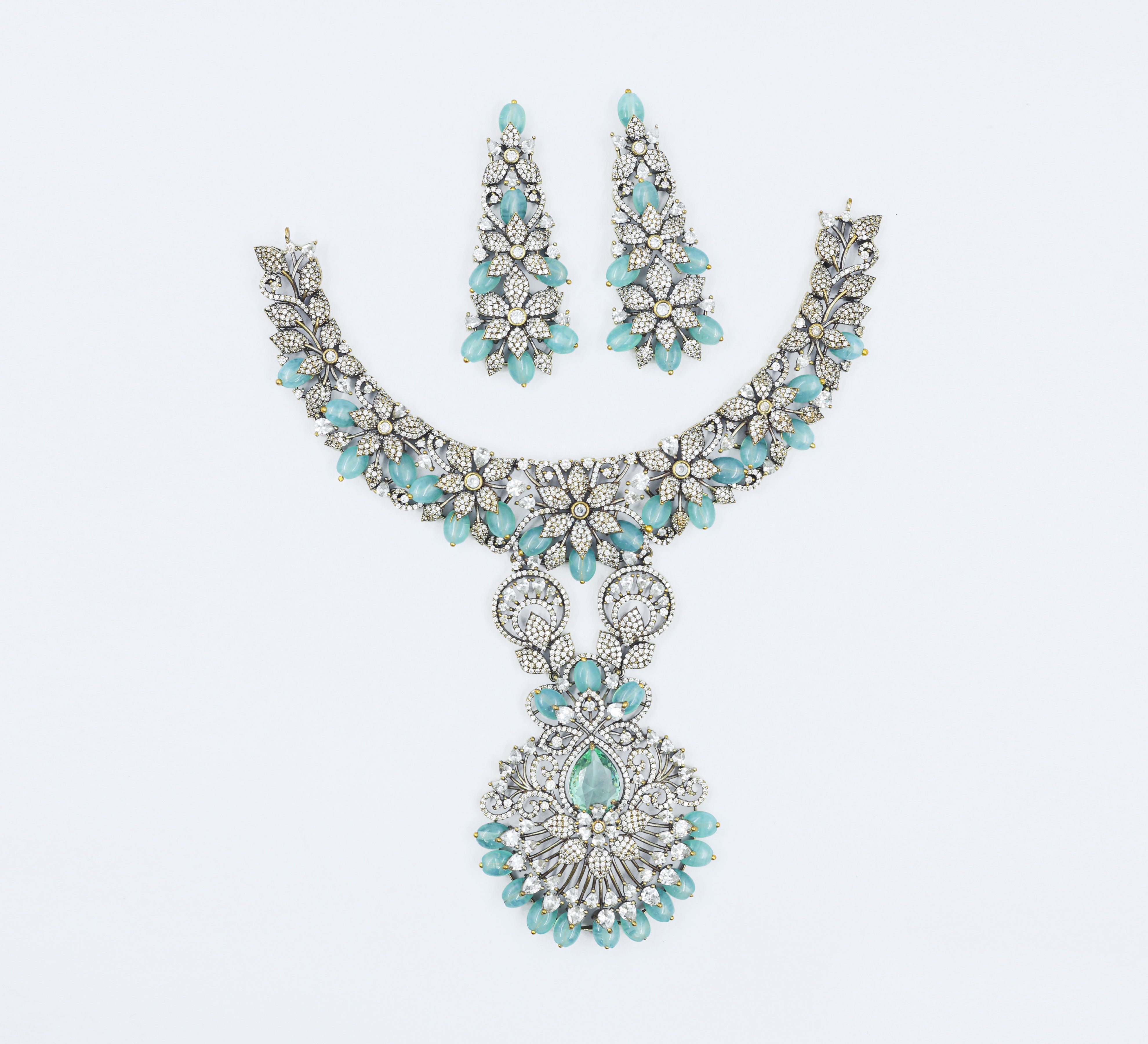 Victorian Antique Necklace Set with Beads & American Diamonds - Adisha Jewels