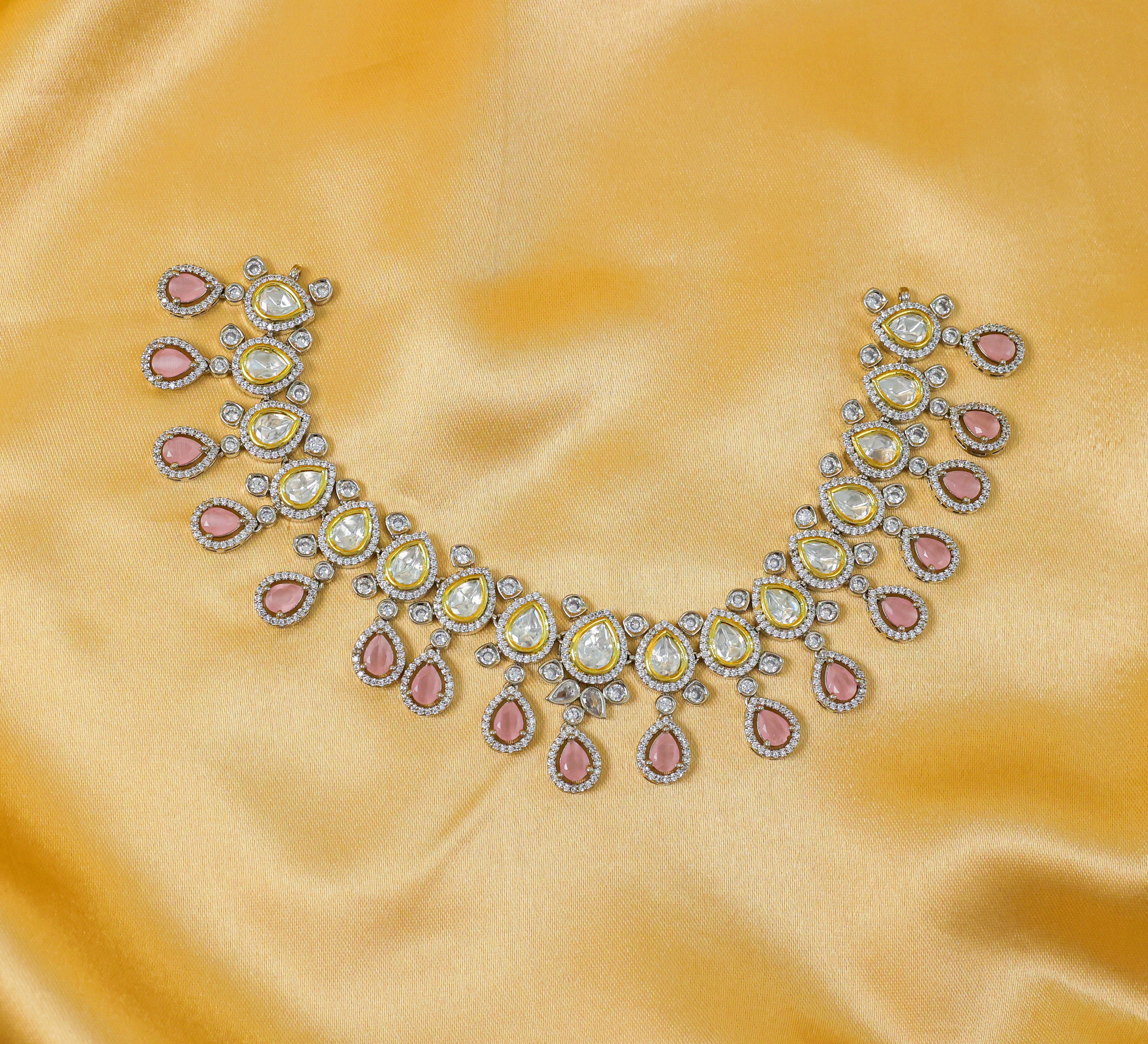 Victorian-Inspired Kundan Polki Necklace Set in Antique Silver Plating - Adisha Jewels