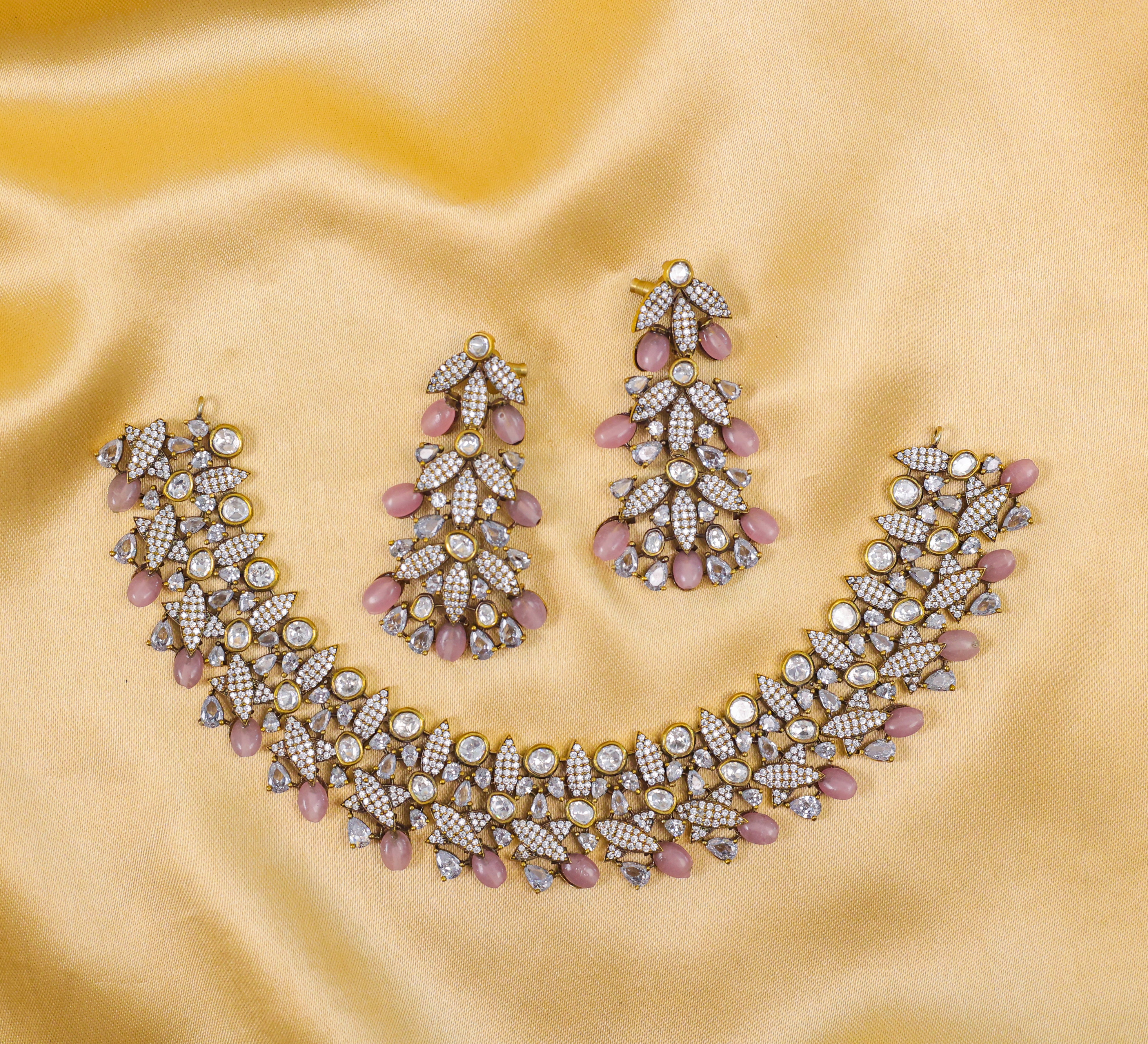 Kundan Polki Necklace Set with Victorian Polish - Adisha Jewels