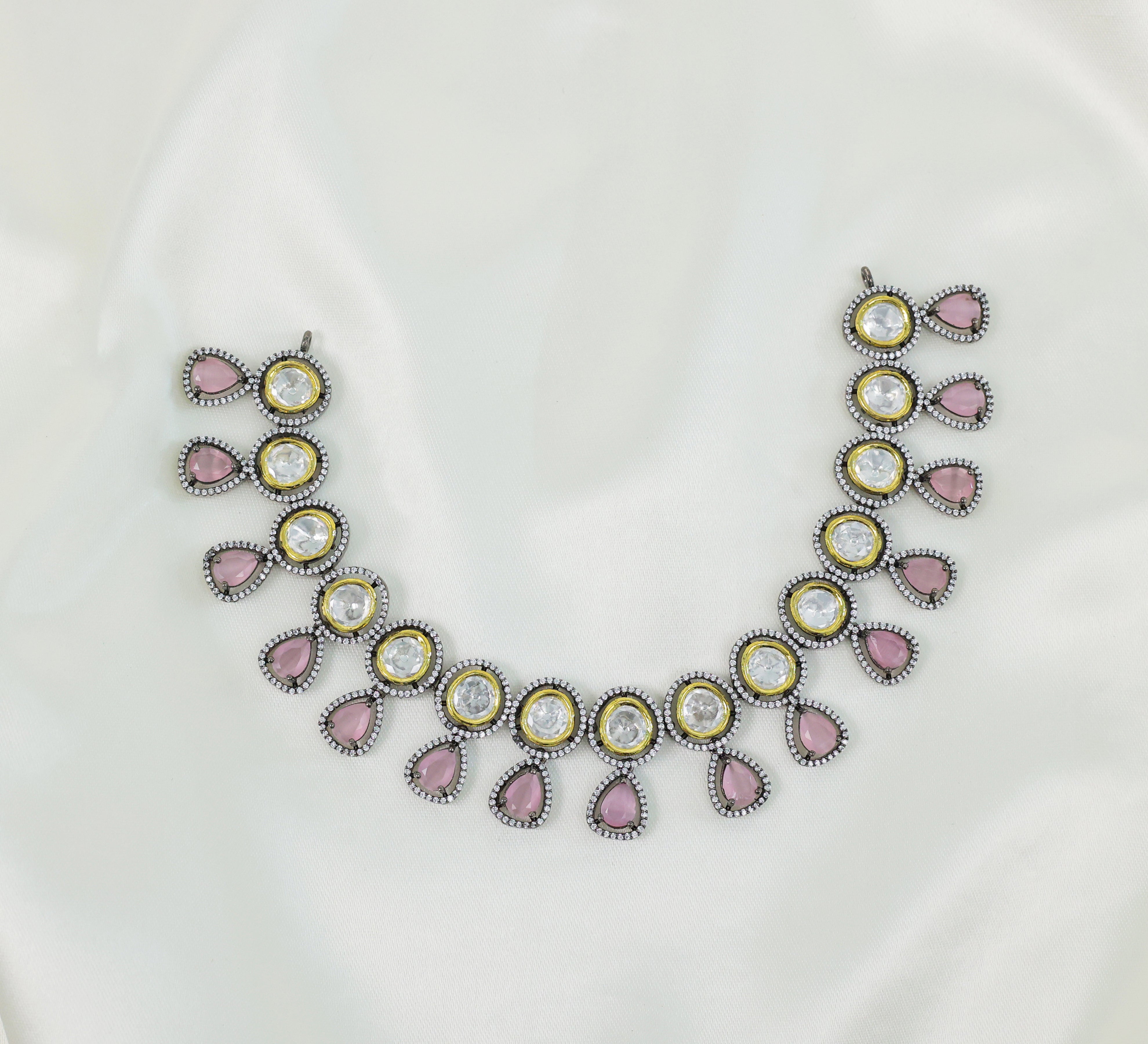 Victorian-Inspired Necklace Set with Hydro Stones & Kundan Polki - Adisha Jewels