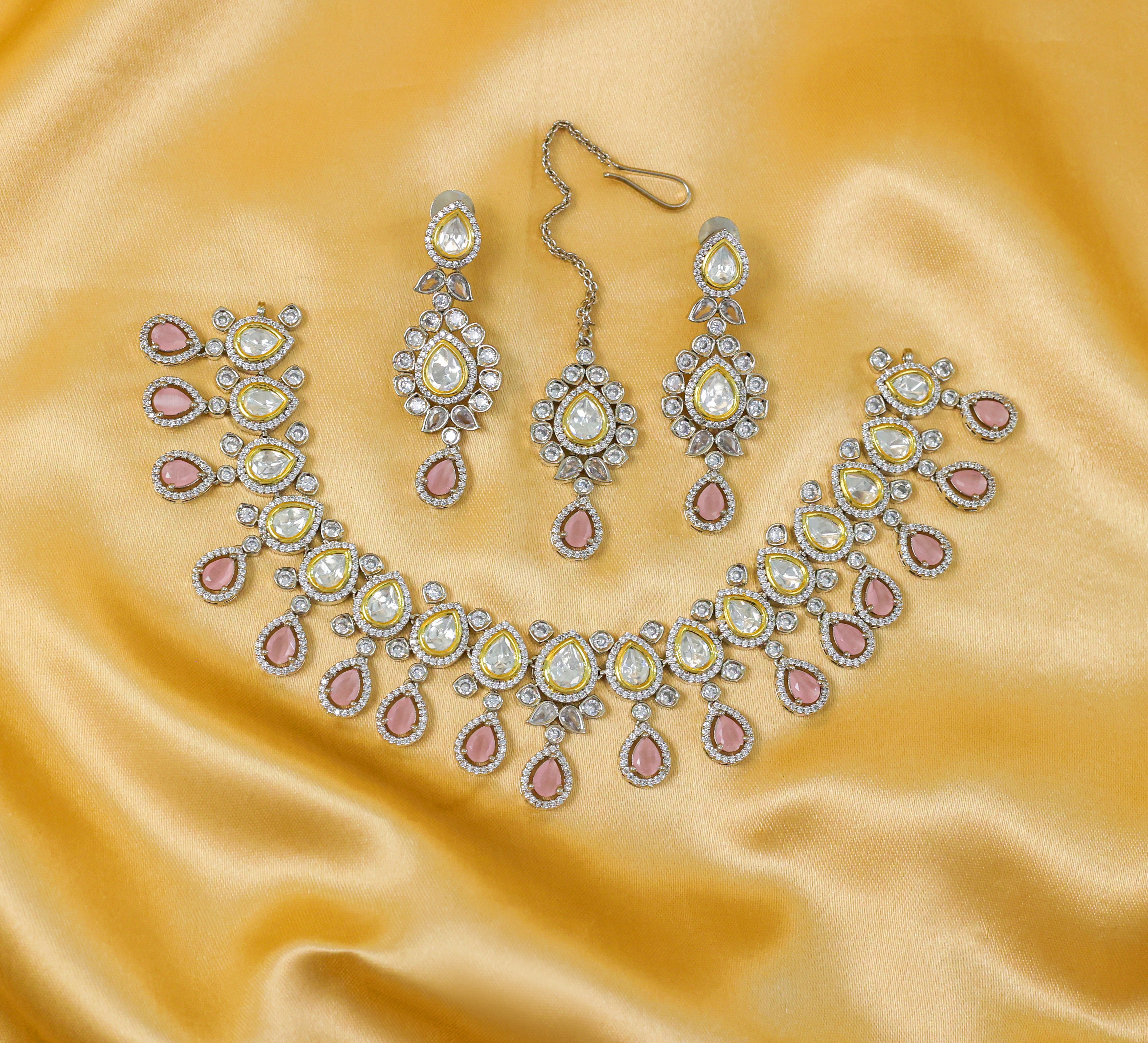 Victorian-Inspired Kundan Polki Necklace Set in Antique Silver Plating - Adisha Jewels