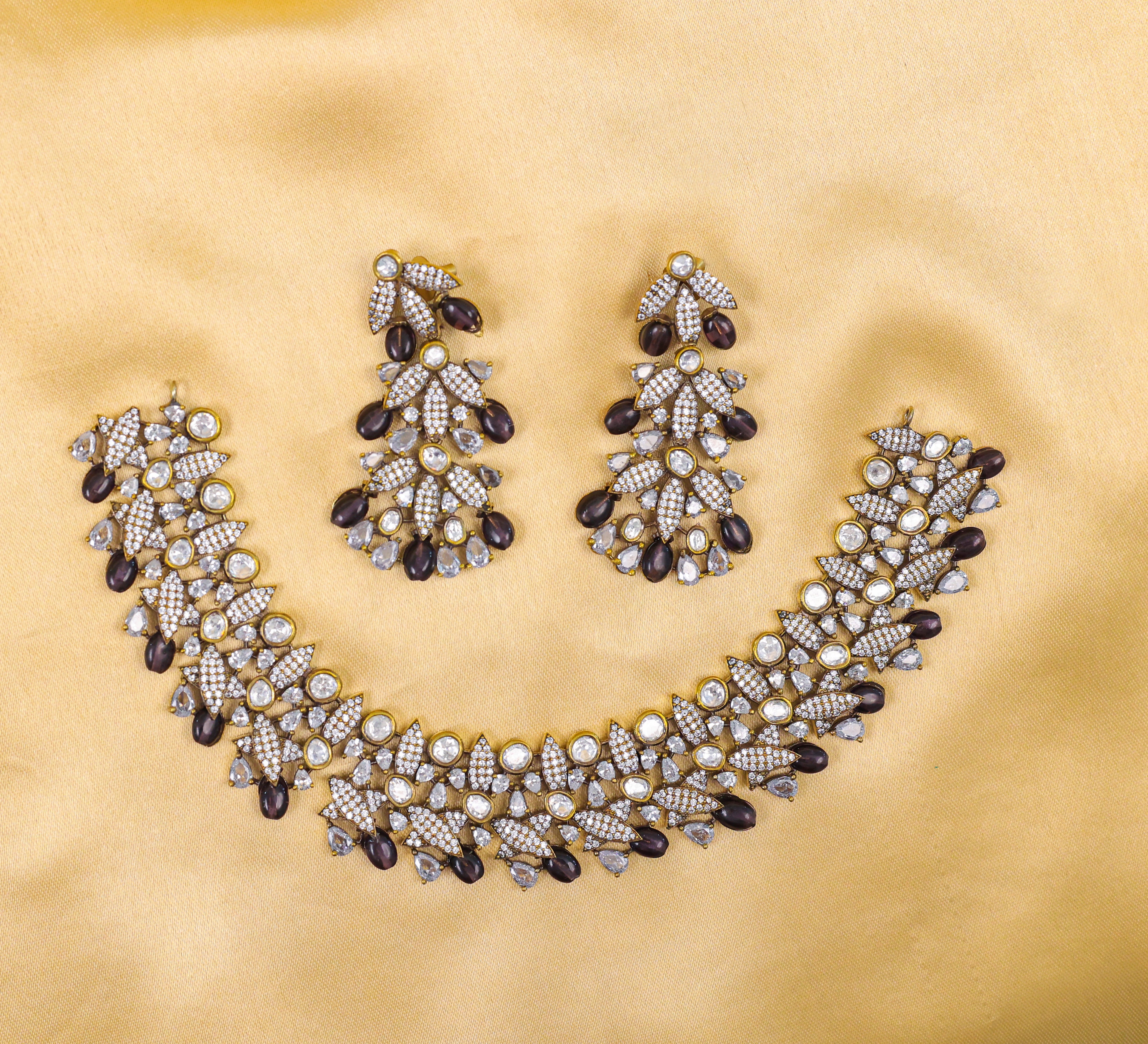 Kundan Polki Necklace Set with Victorian Polish - Adisha Jewels