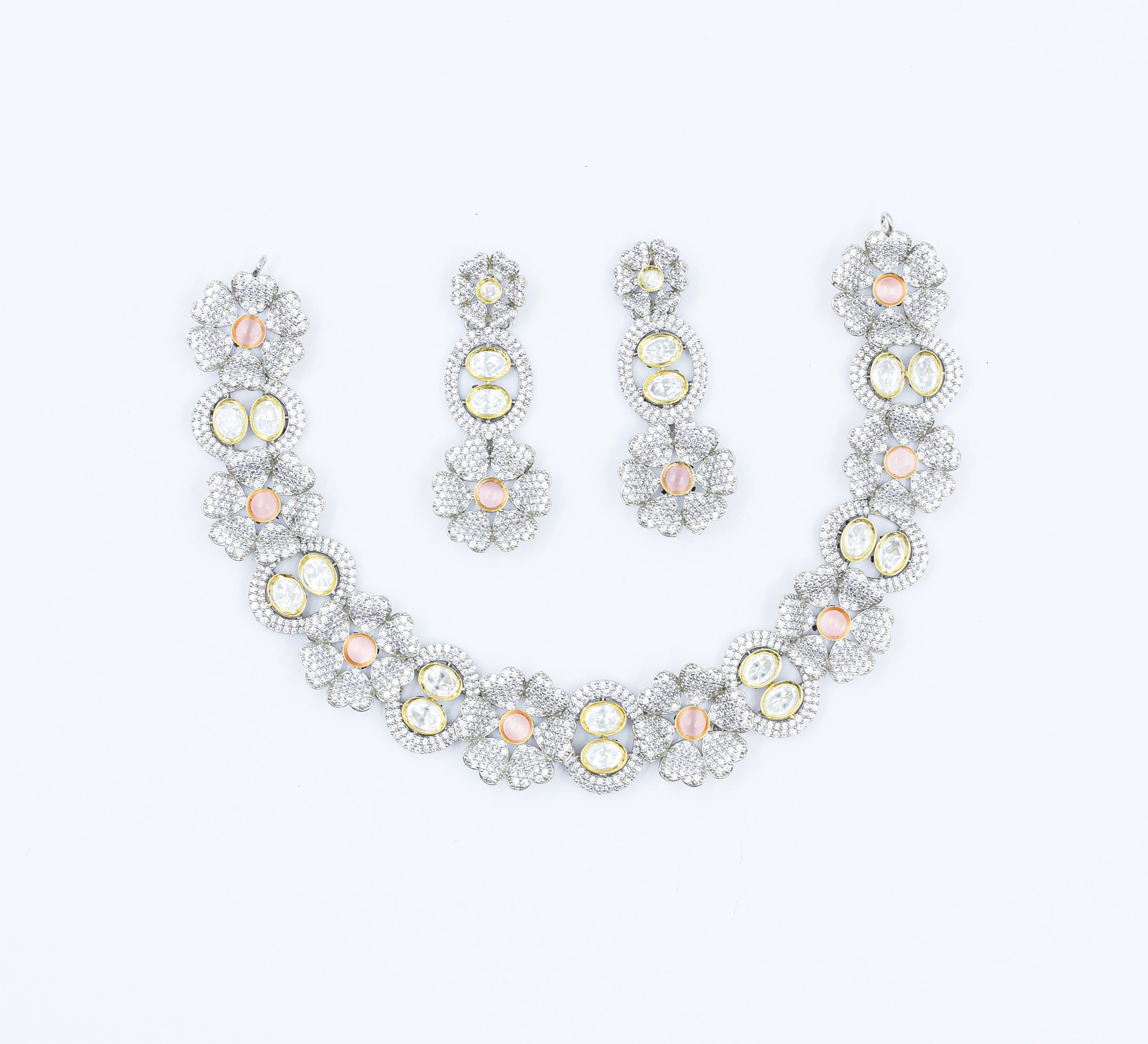 Kundan Polki and Hydro Stones Necklace Set in Antique Silver - Adisha Jewels